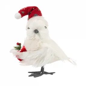 9" Feathered Christmas Bird with Hat & Gift: White