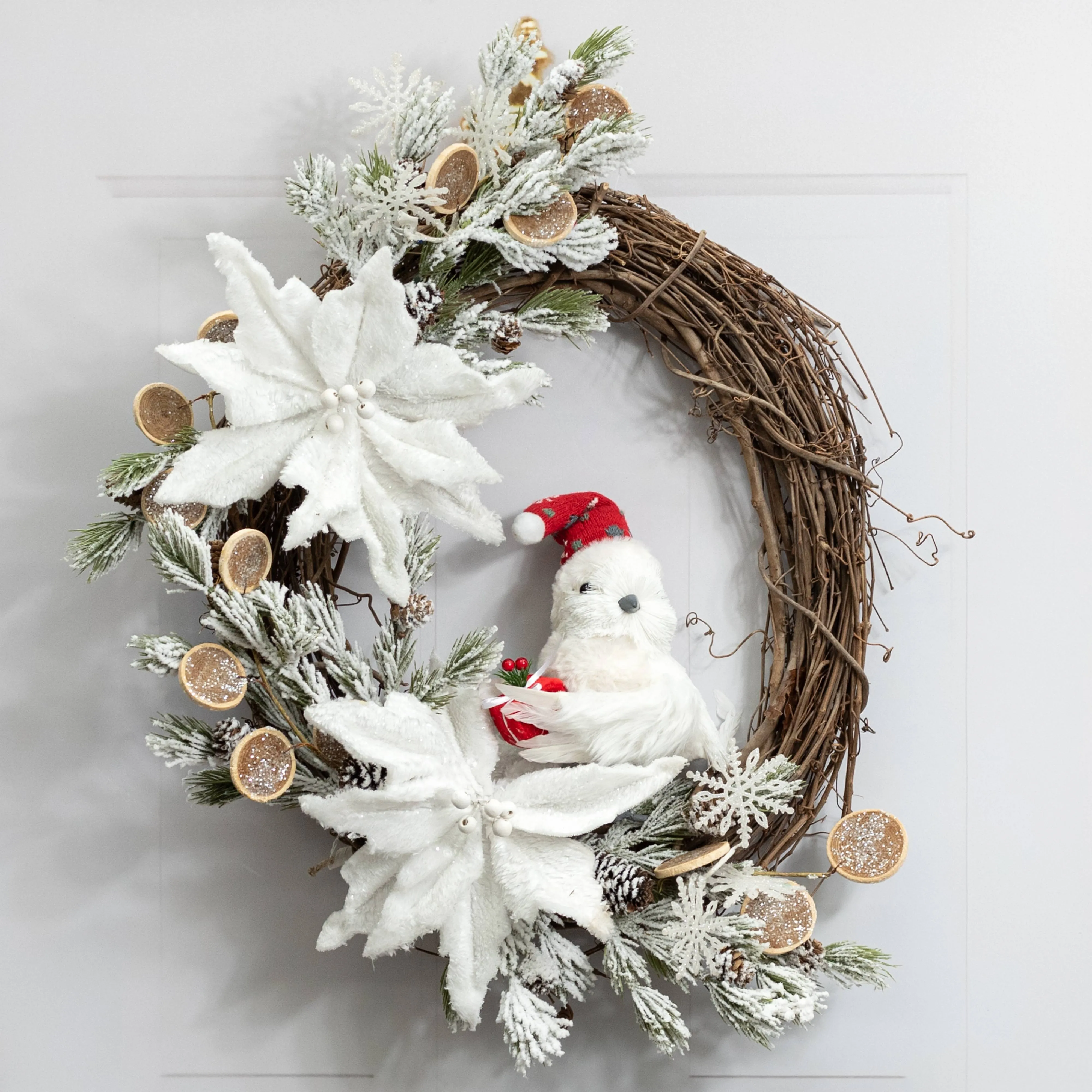 9" Feathered Christmas Bird with Hat & Gift: White