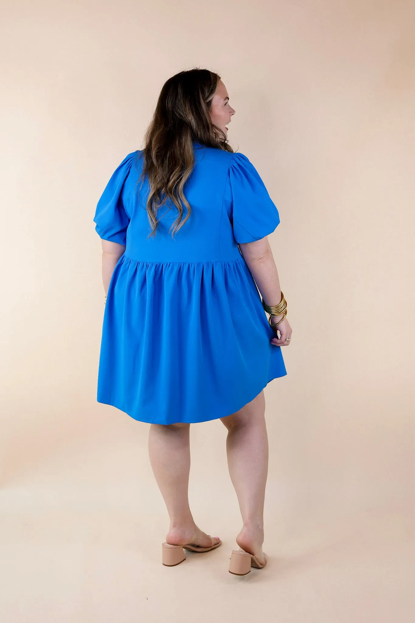 Adventures Ahead Button Up Babydoll Dress in Bright Blue