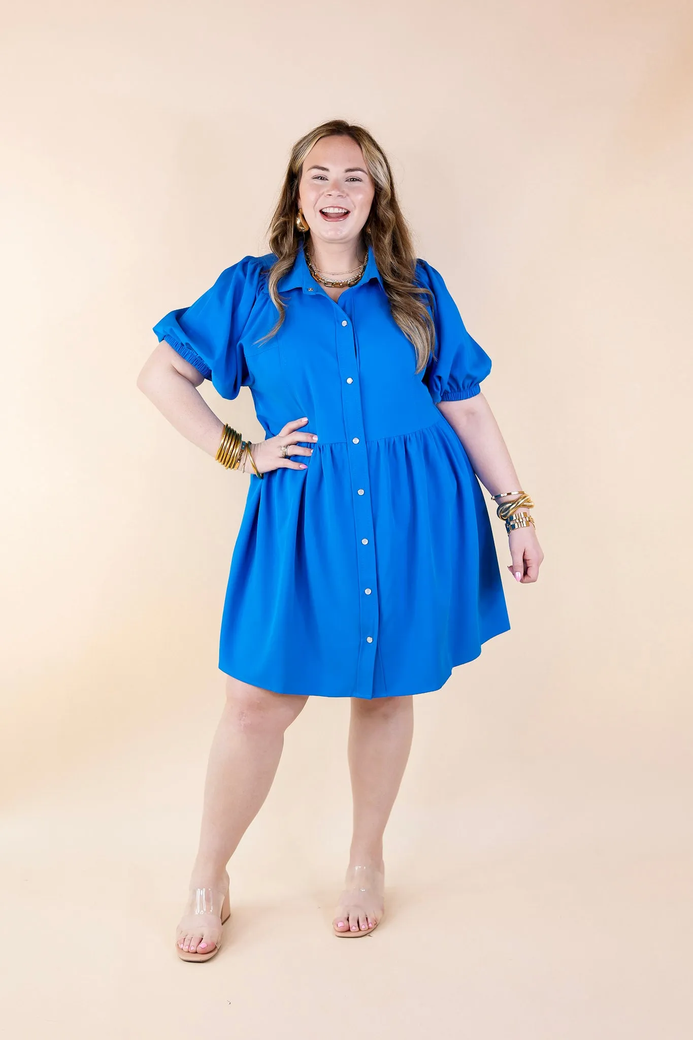 Adventures Ahead Button Up Babydoll Dress in Bright Blue