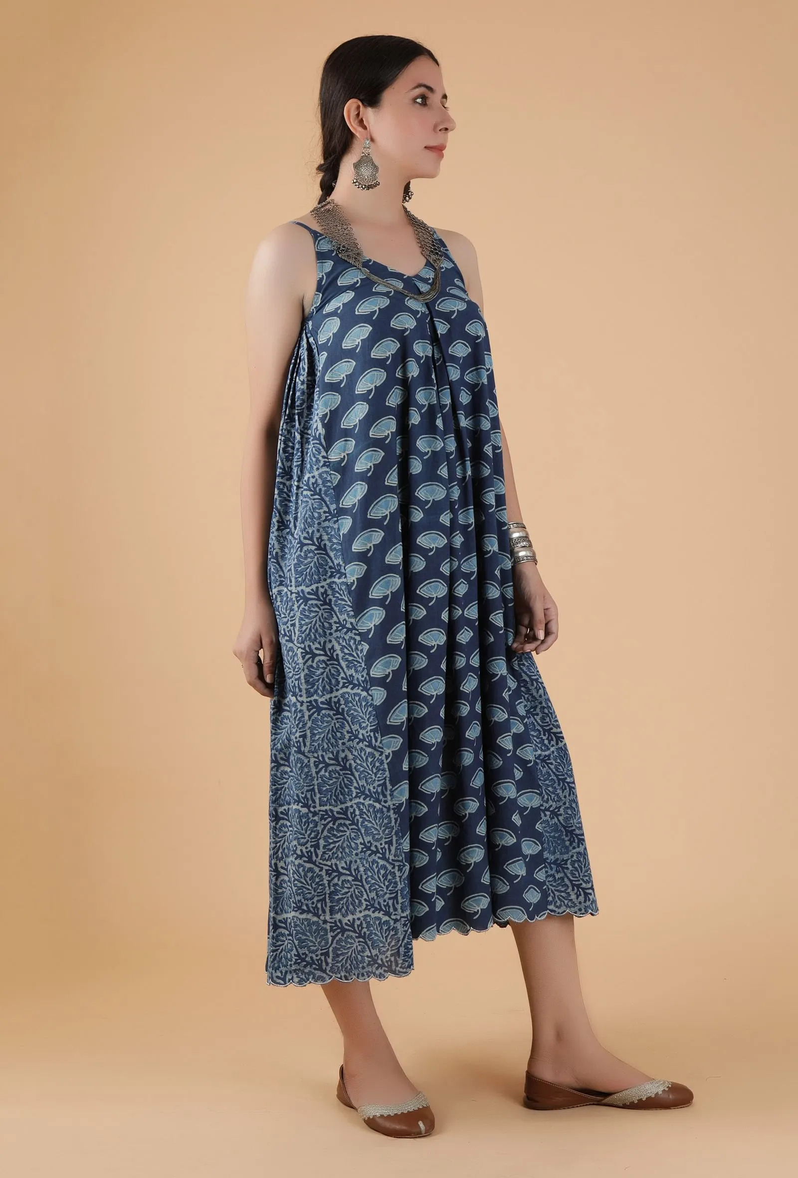 Akshita Indigo Buta Print Side Gather Kurta Dress