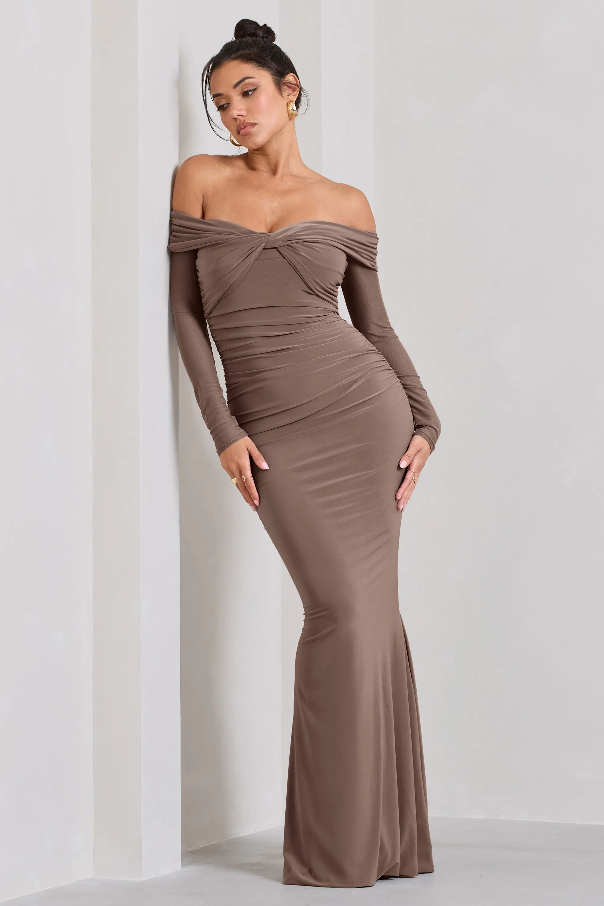 Alex | Mocha Bardot Twist Maxi Dress