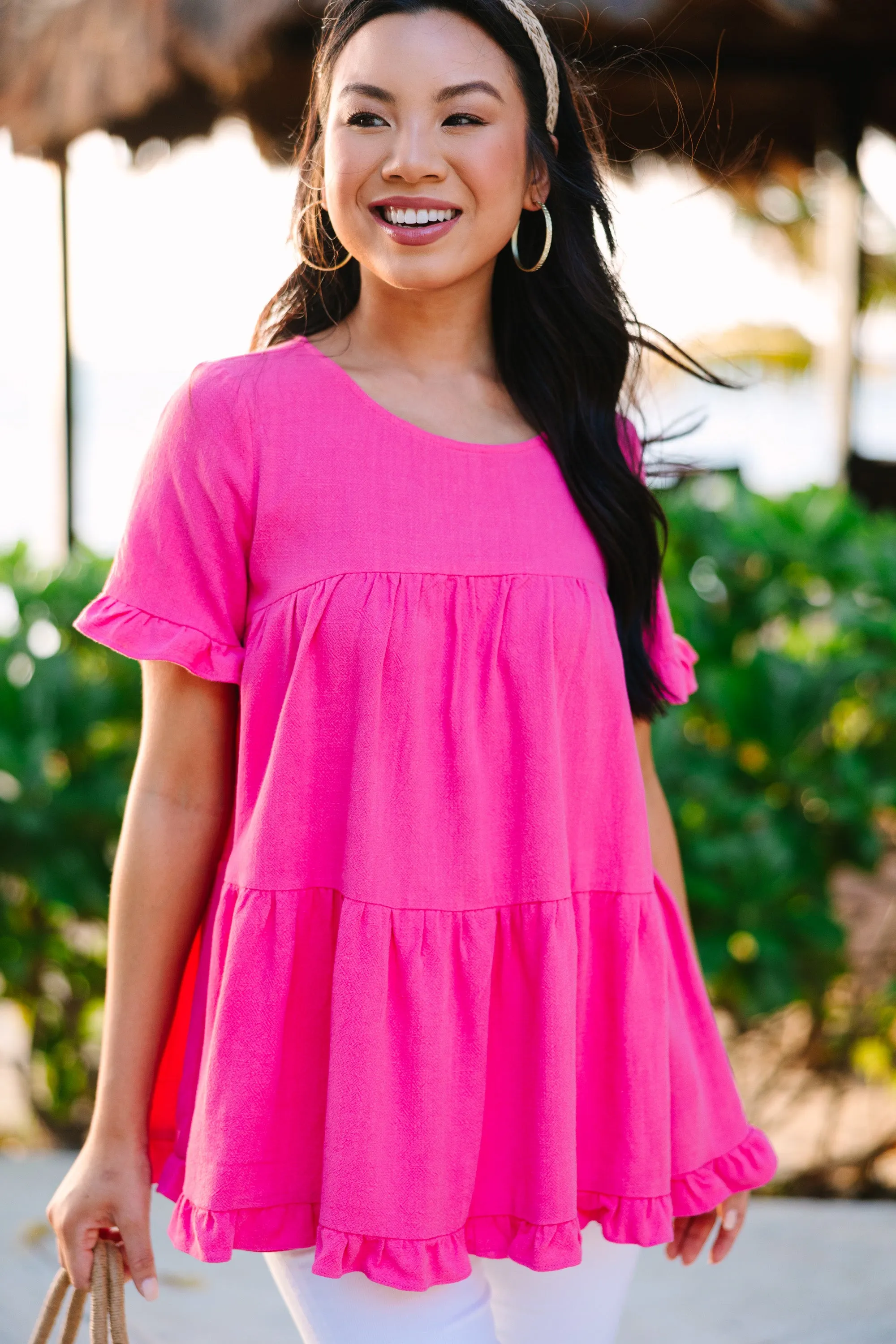 All Eyes On Me Fuchsia Pink Linen Babydoll Top