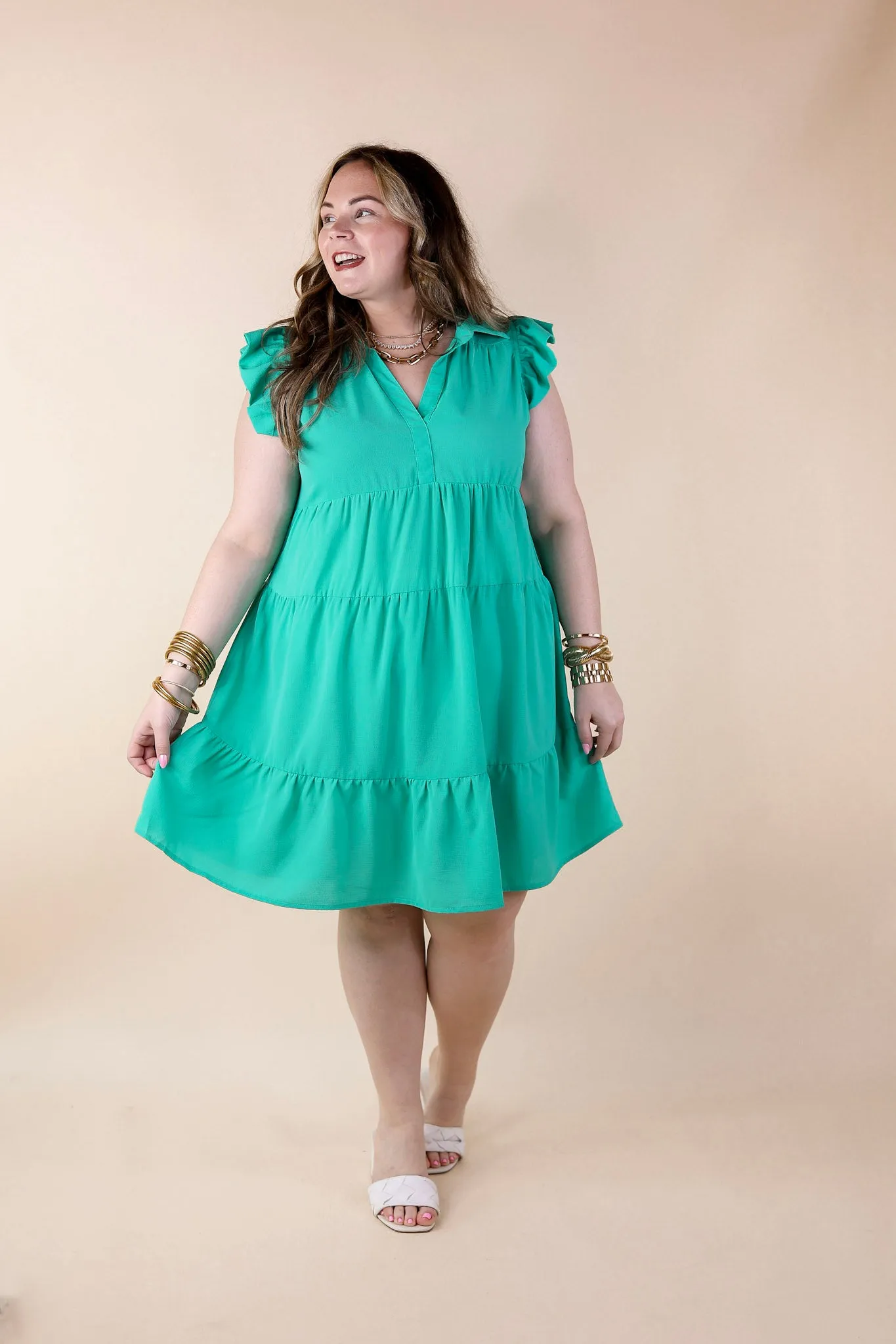 All Of A Sudden Ruffle Cap Sleeve Short Dress in Mint Green