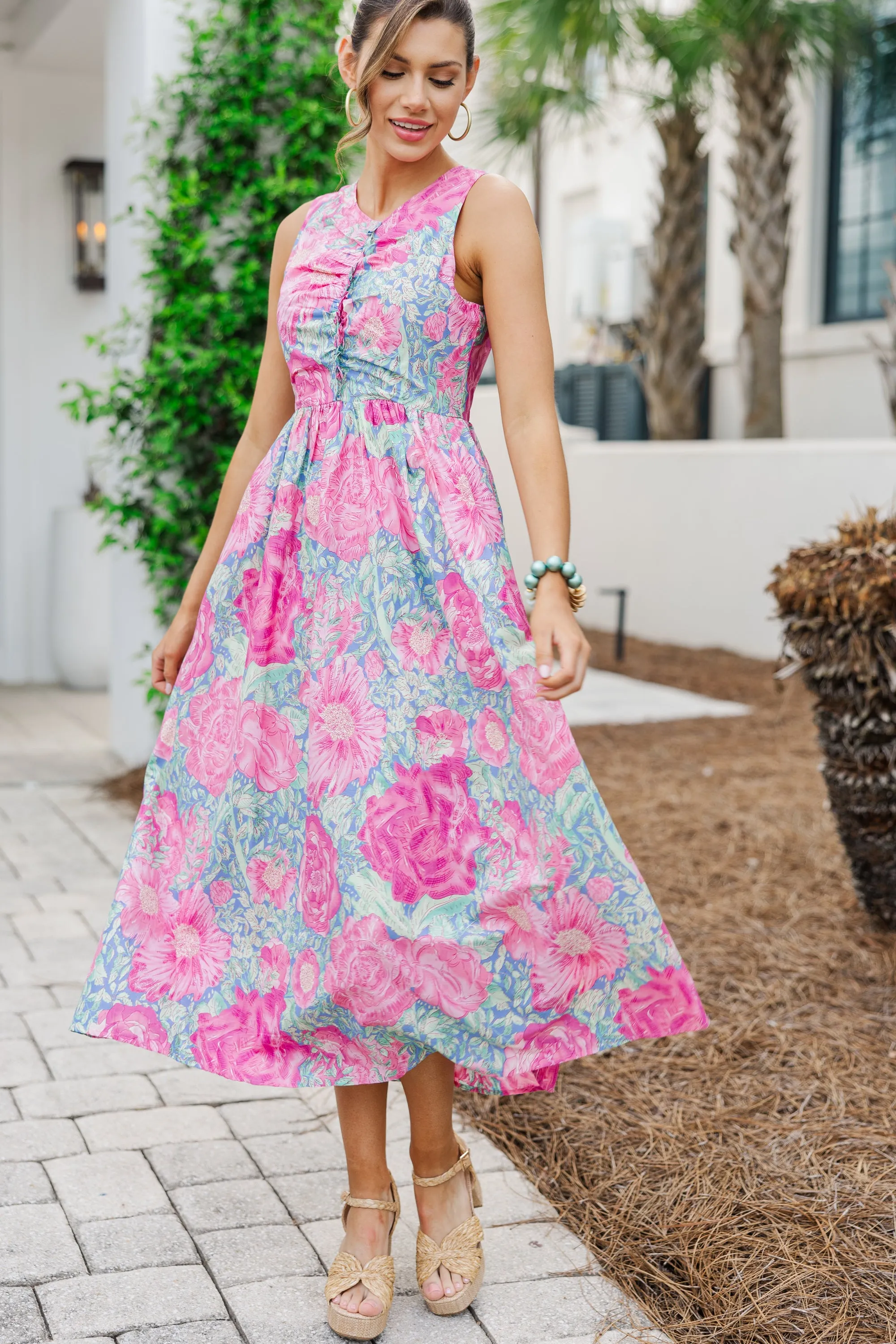 All Together Now Pink Floral Midi Dress