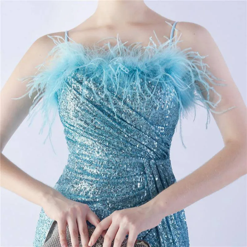 Annabeth Spaghetti Straps Feathered Maxi Dress