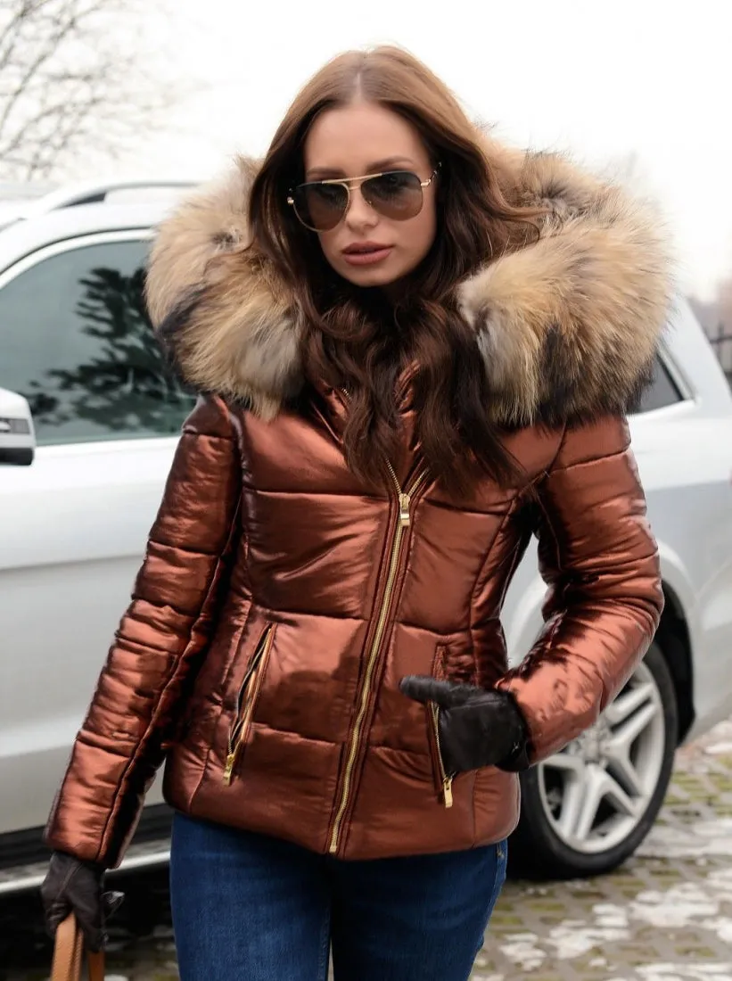 Aofur Womens Down Jacket Vintage Big Fur Collar Warm Hooded Quilted Puffer Coat Outwear S-XXXL