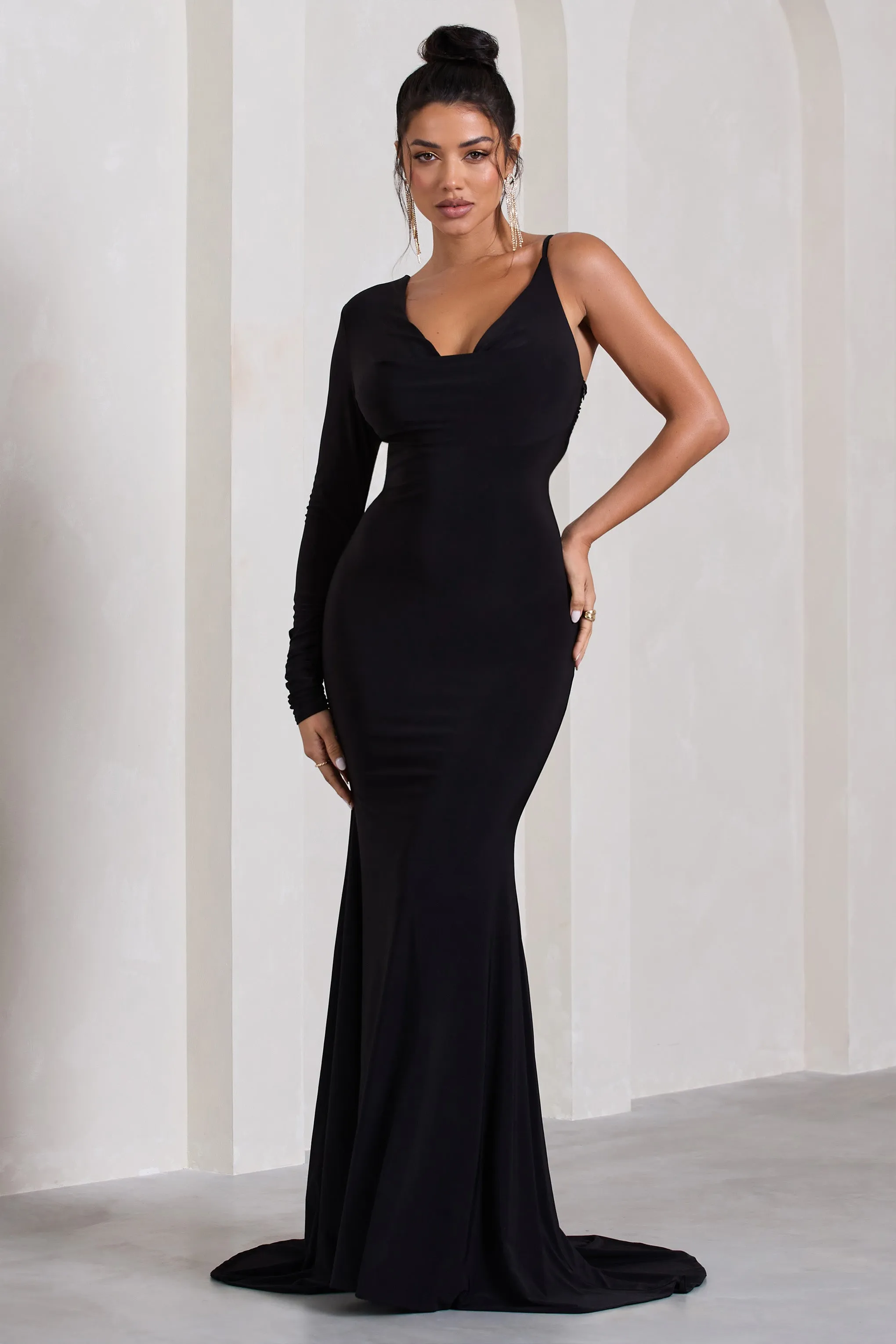 At Dusk | Black One-Sleeved Cowl-Neck Fishtail Maxi Dress