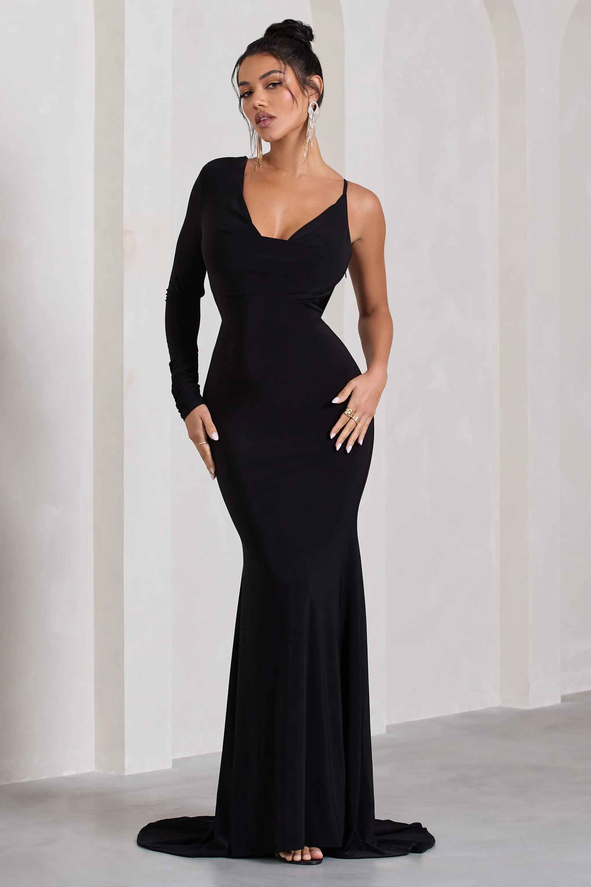 At Dusk | Black One-Sleeved Cowl-Neck Fishtail Maxi Dress