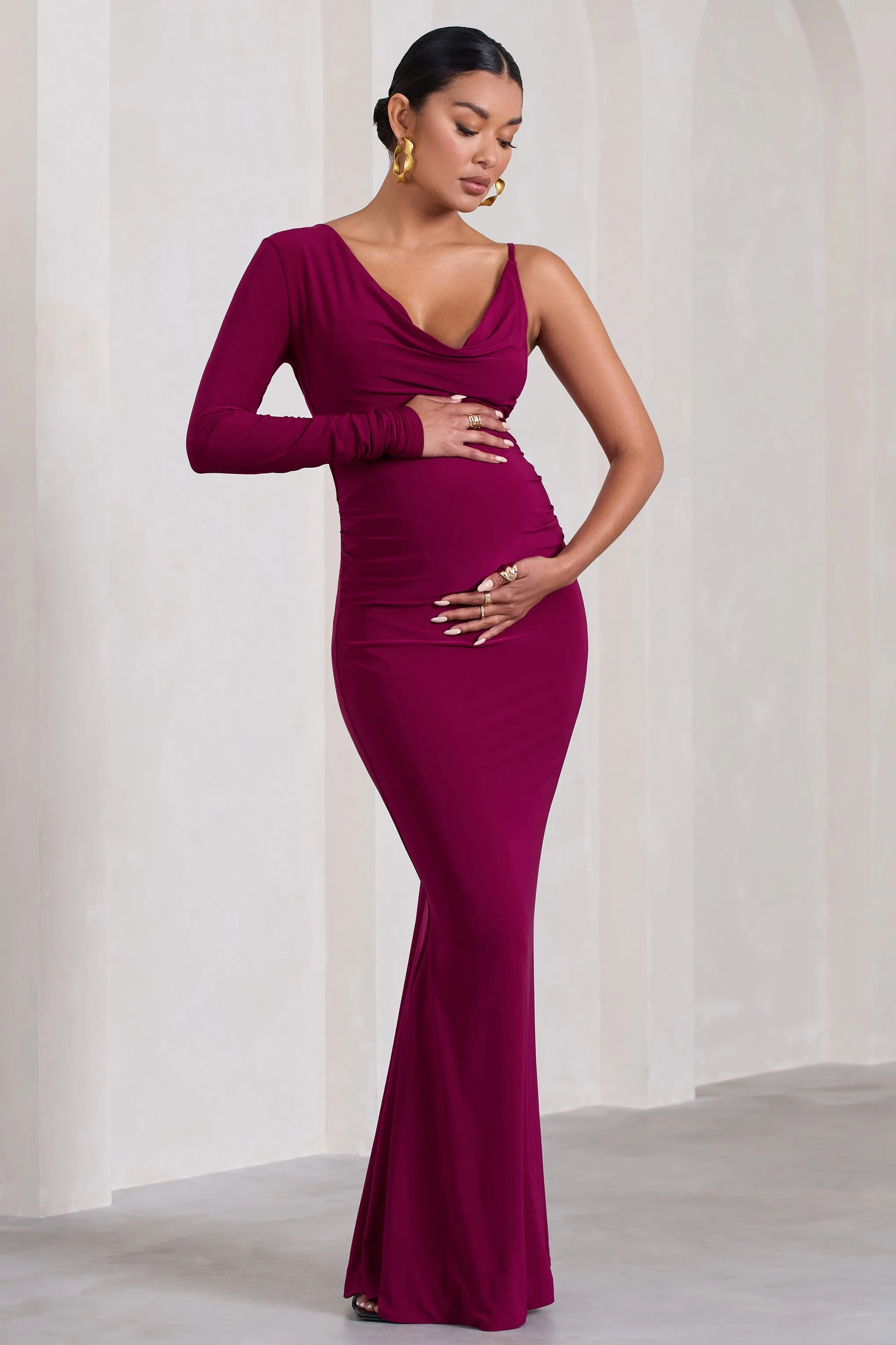 At Dusk | Dark Cherry Maternity One-Sleeved Cowl-Neck Fishtail Maxi Dress