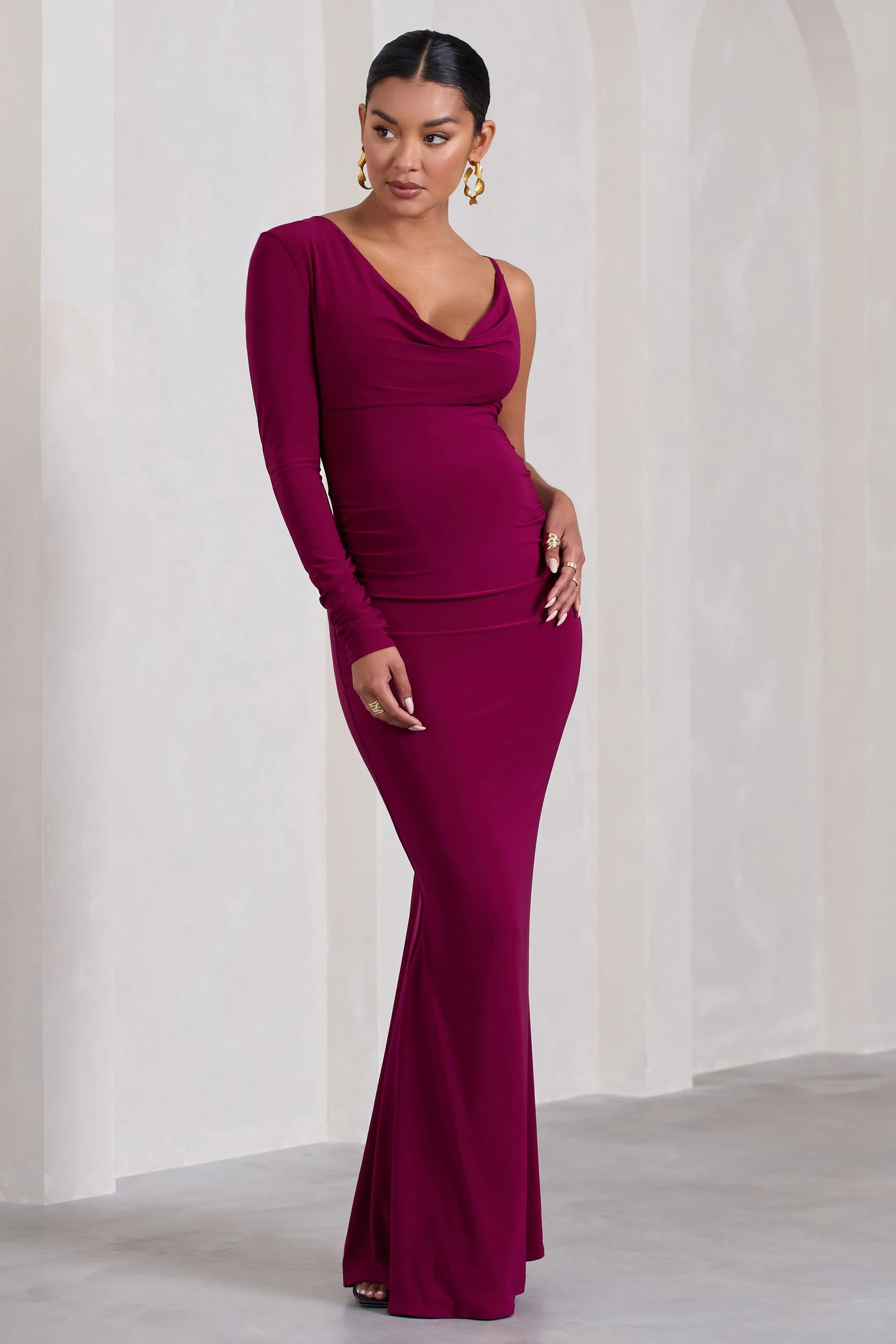 At Dusk | Dark Cherry Maternity One-Sleeved Cowl-Neck Fishtail Maxi Dress