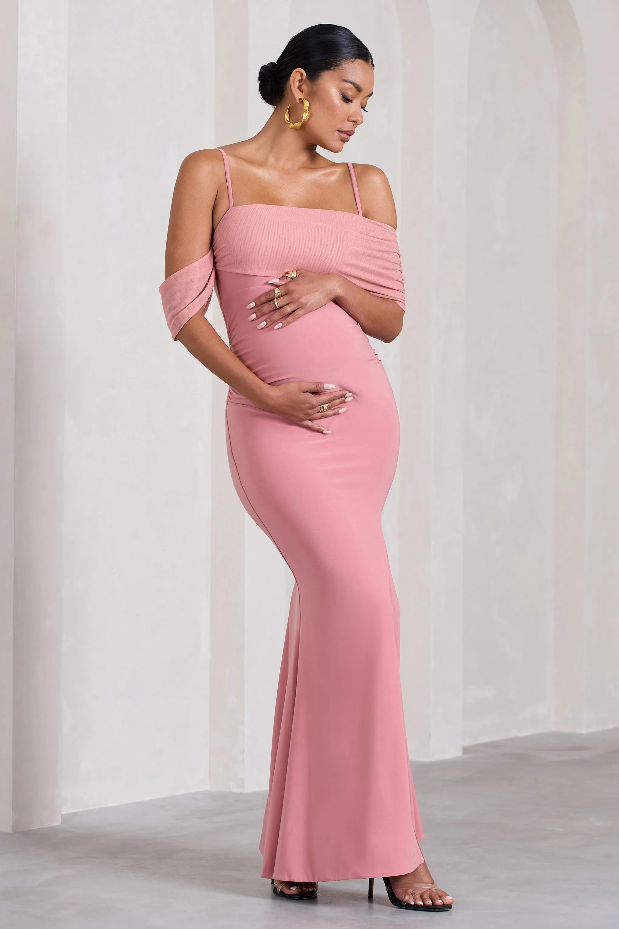 Augusta | Blush Pink Mesh Bardot Strappy Split Maternity Maxi Dress