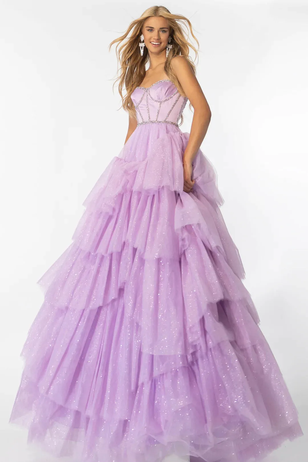 Ava Presley 28592 Shimmer Tulle A Line Layer Ballgown Prom Dress Satin Corset Crystal Embellished Formal Gown