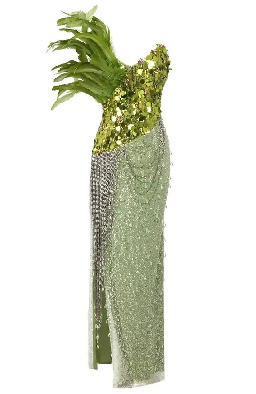 Avonlea Strapless Feather Sequin Maxi Dress