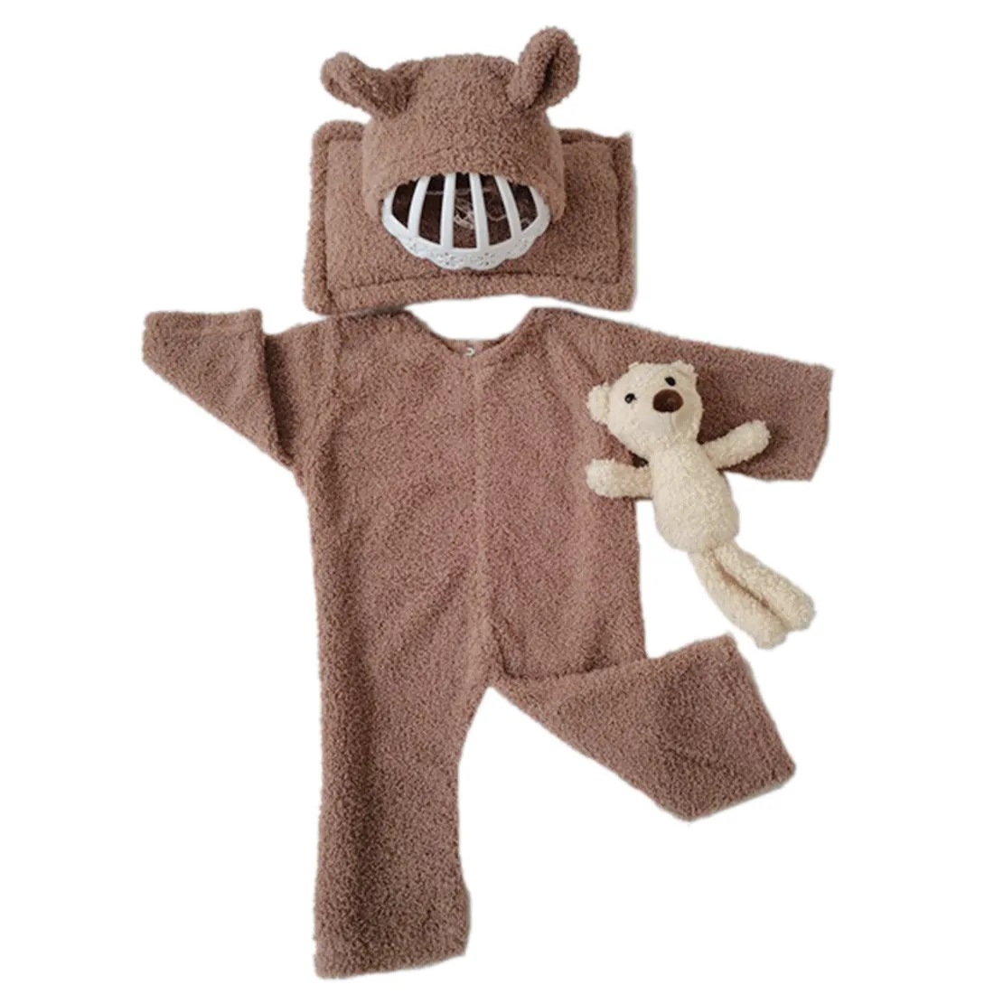 Babymoon (Set Of 4) Velvet Ready Romper, Toy, Pillow & Cap Baby Photoshoot Props-Brown