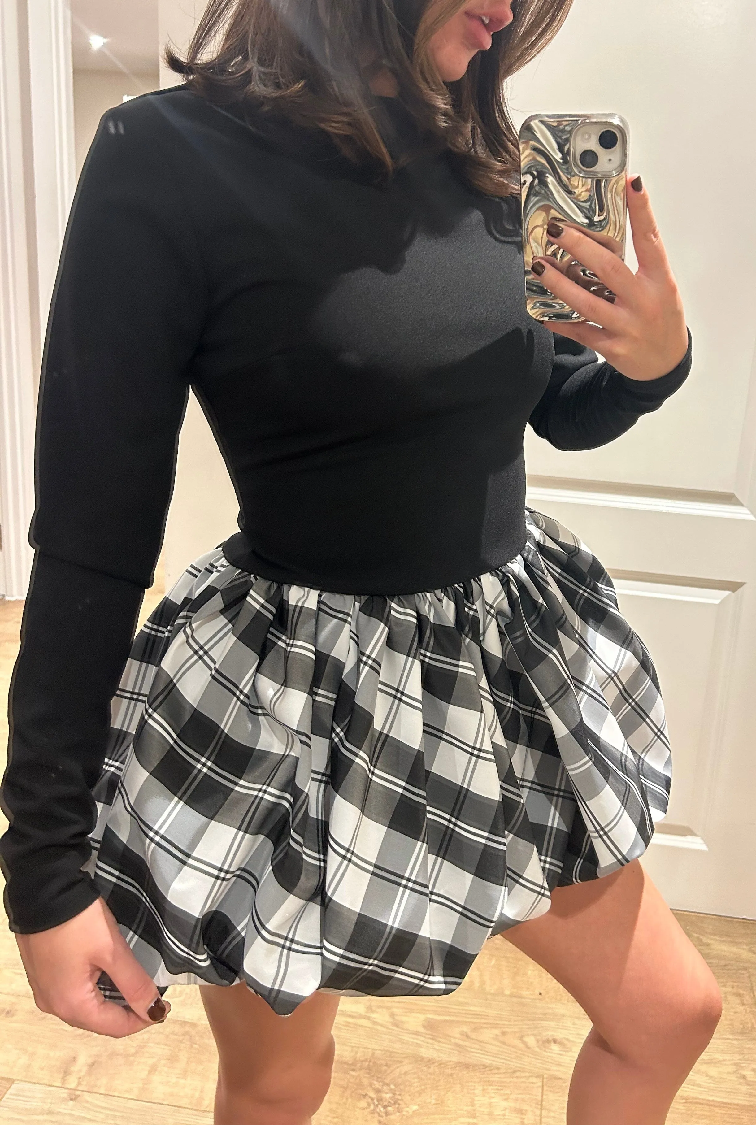 Black and Tartan Puff Ball Mini Dress