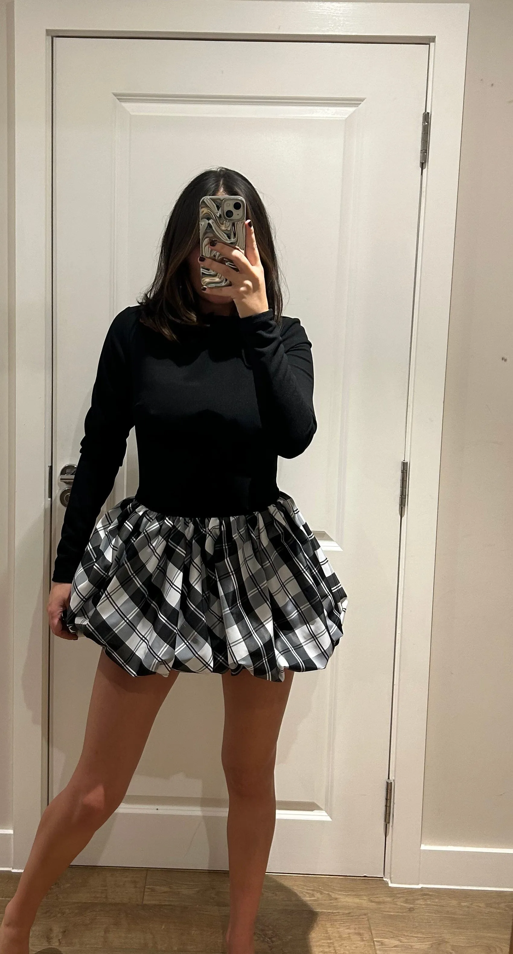 Black and Tartan Puff Ball Mini Dress