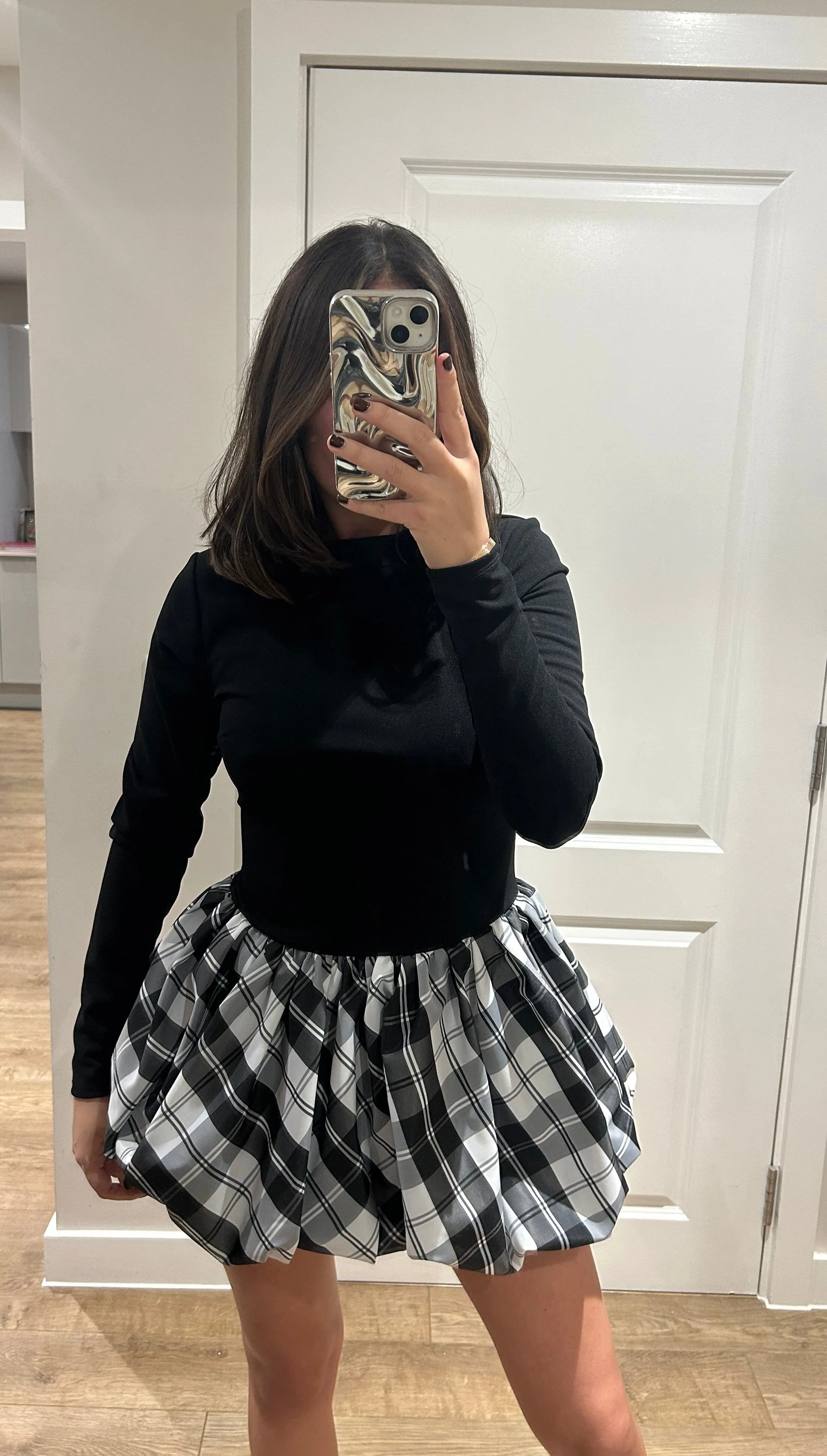 Black and Tartan Puff Ball Mini Dress