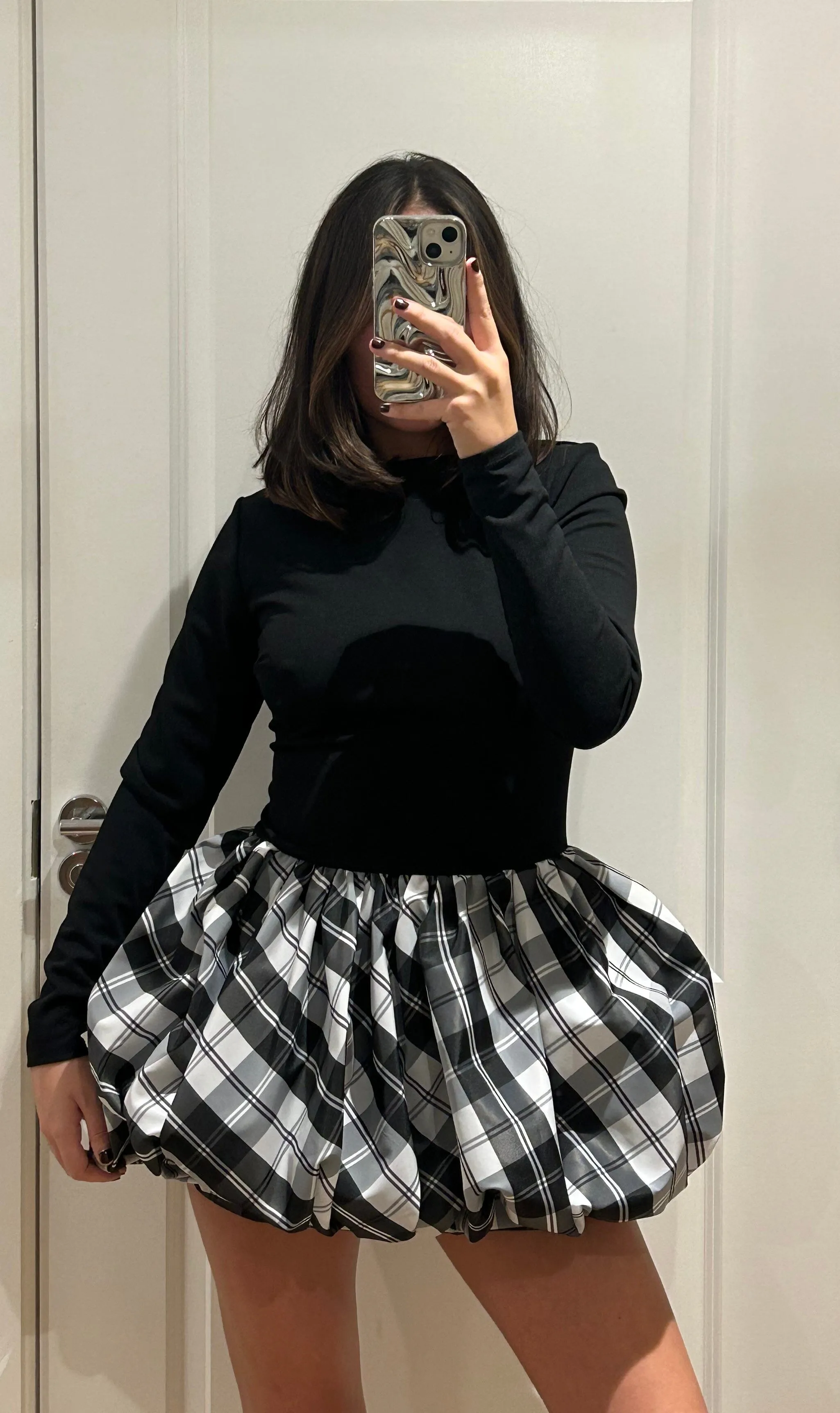 Black and Tartan Puff Ball Mini Dress