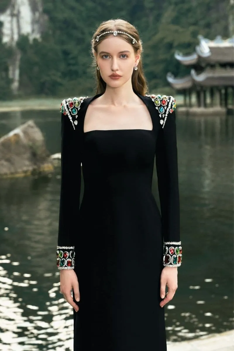 BLACK LONG SLEEVE STONE EMBELLISHED SHOULDER DRESS