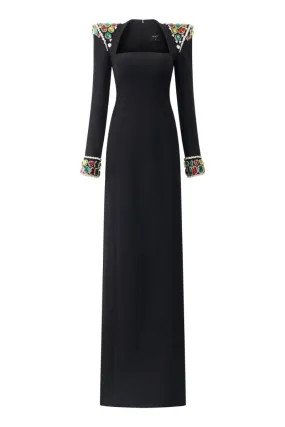 BLACK LONG SLEEVE STONE EMBELLISHED SHOULDER DRESS