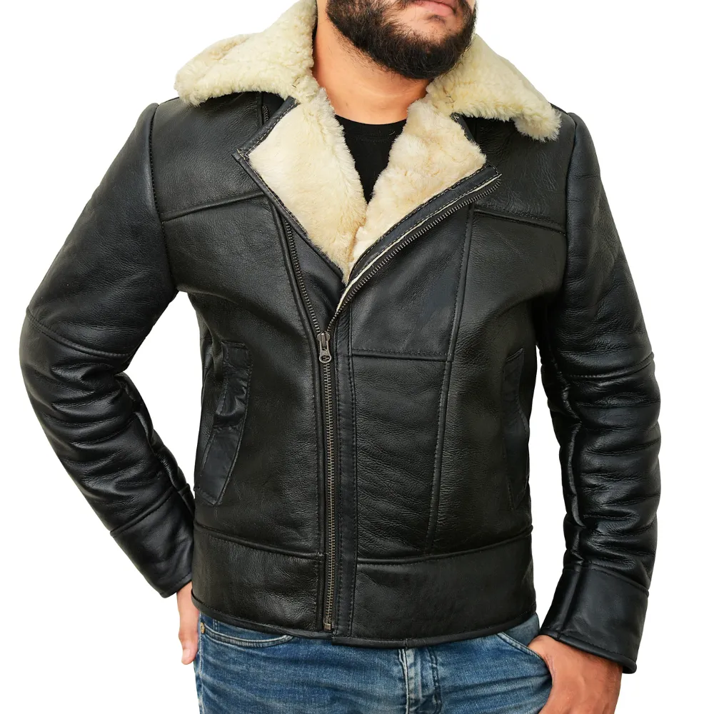 Black Quilted Leather Shearling Fur Jacket