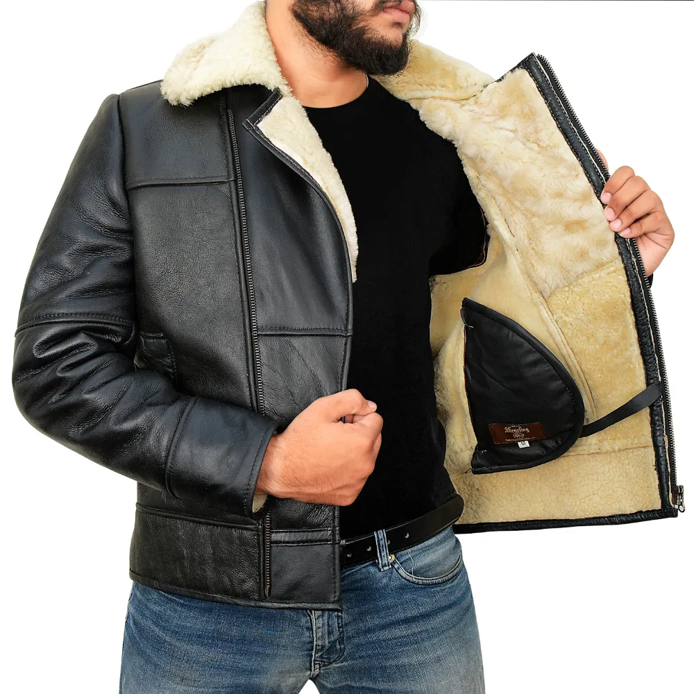 Black Quilted Leather Shearling Fur Jacket