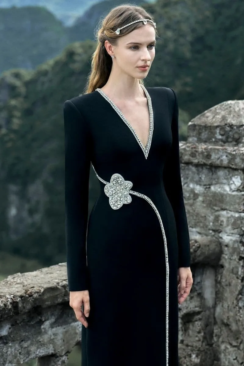 BLACK STONE ORCHID EMBELLISHED V-NECK DRESS