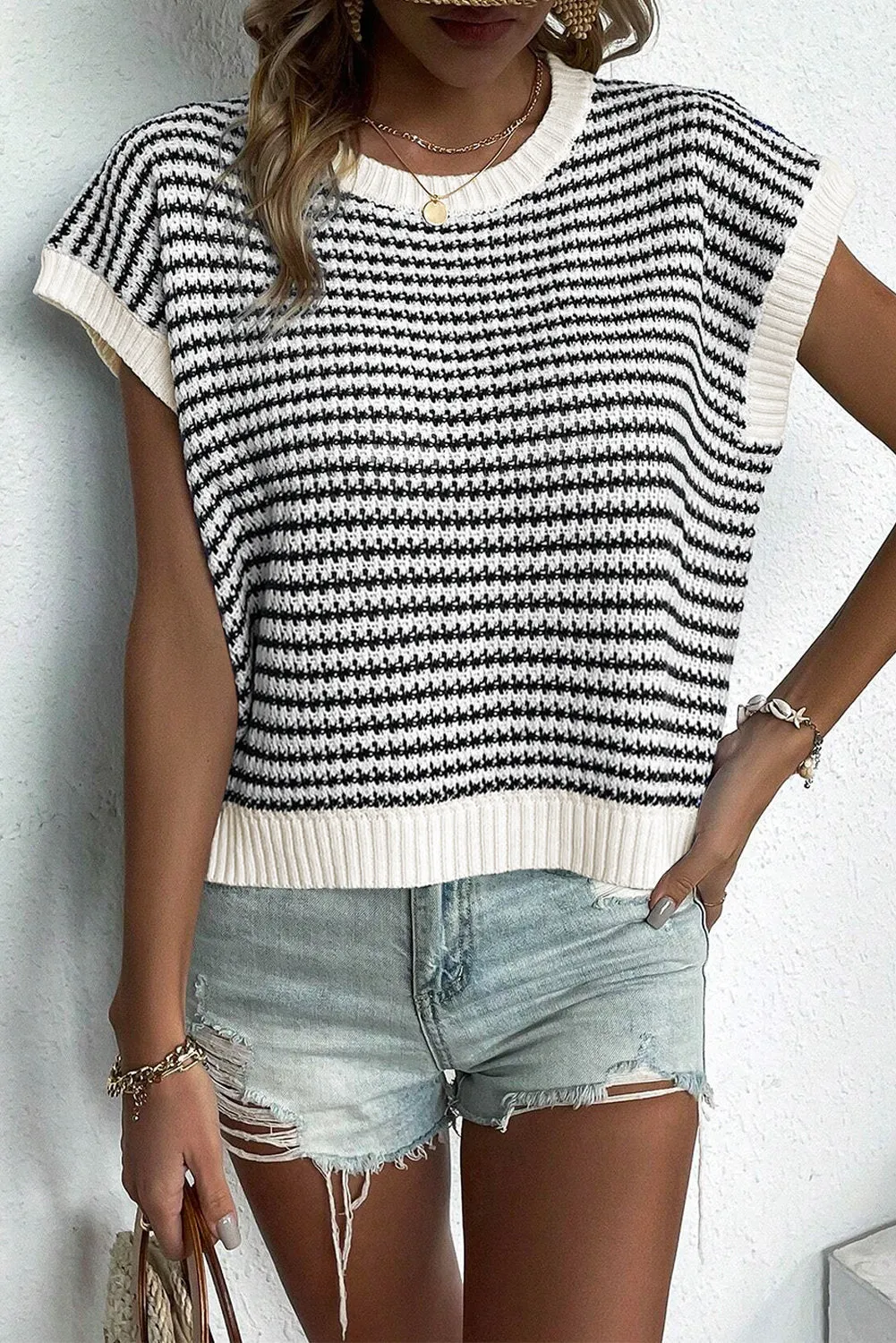 Black Stripe Ribbed Trim Loose Fit Knitted Sweater Vest