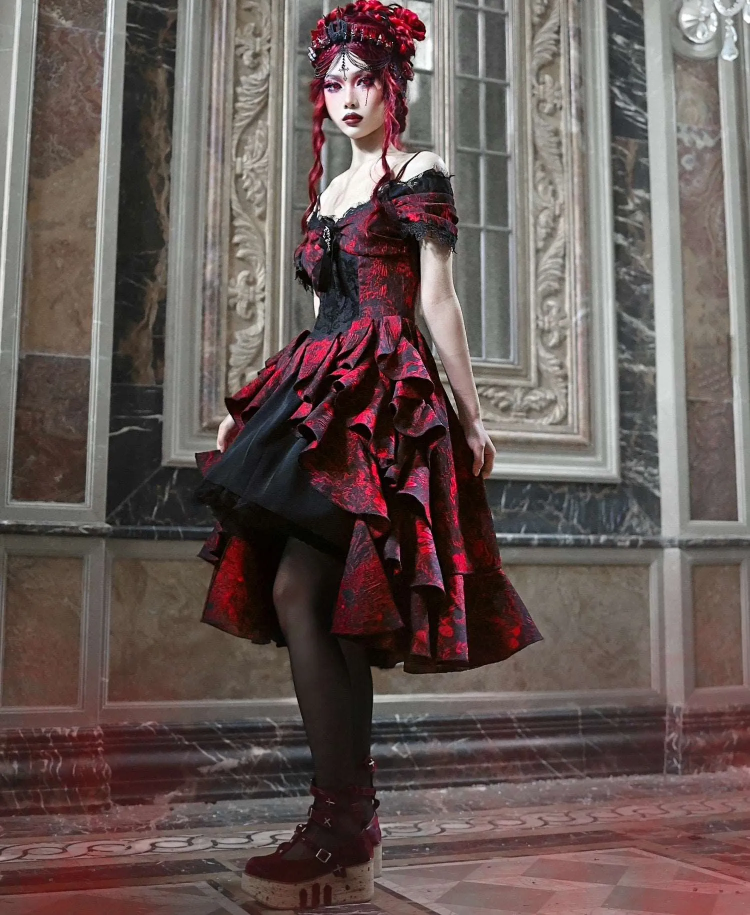 Blood Supply Dark Gothic Dream Red Princess Queen Lace Brooch Black Jacquard Off Shoulder Layered Dress