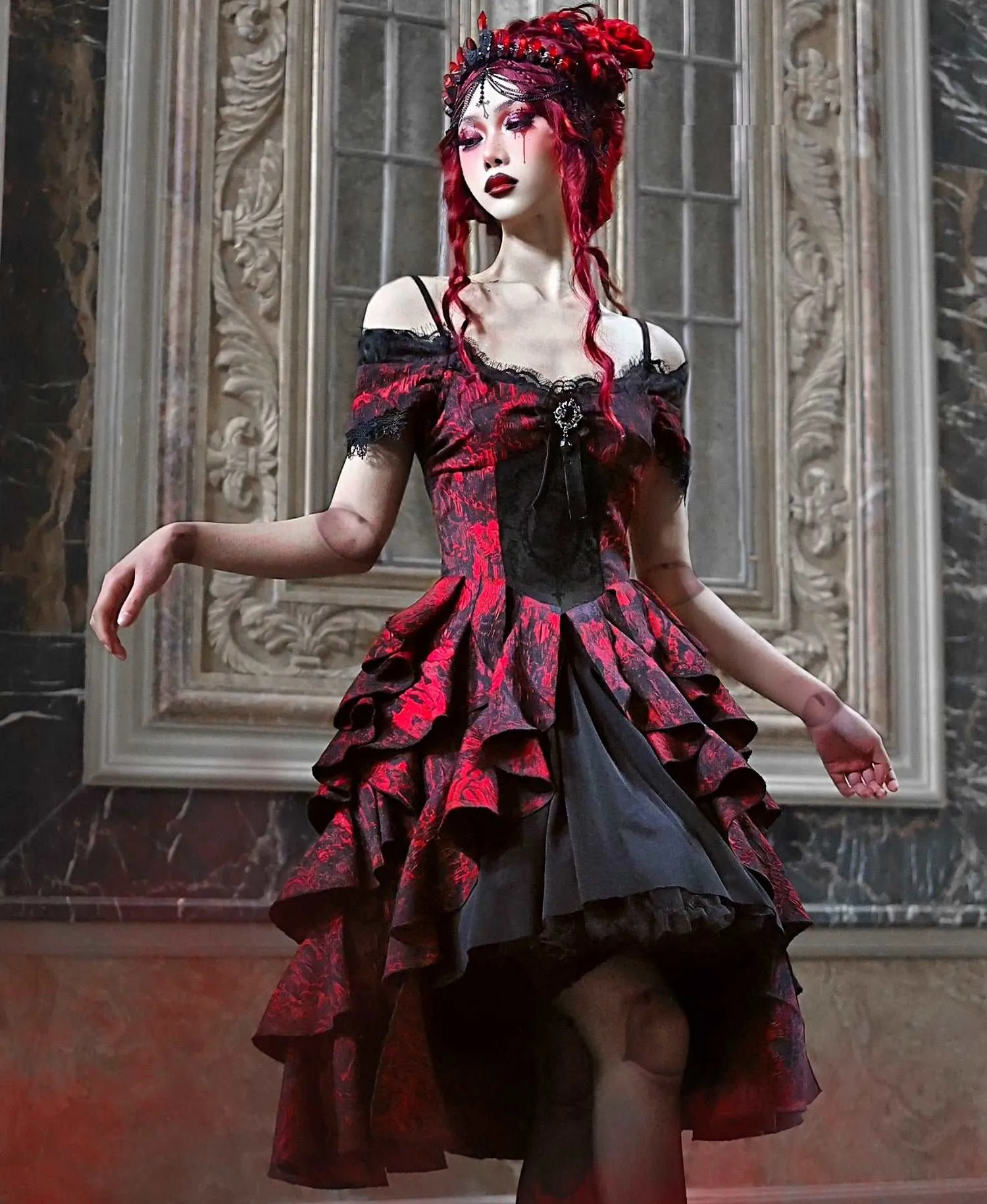 Blood Supply Dark Gothic Dream Red Princess Queen Lace Brooch Black Jacquard Off Shoulder Layered Dress