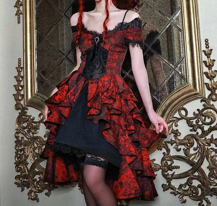 Blood Supply Dark Gothic Dream Red Princess Queen Lace Brooch Black Jacquard Off Shoulder Layered Dress