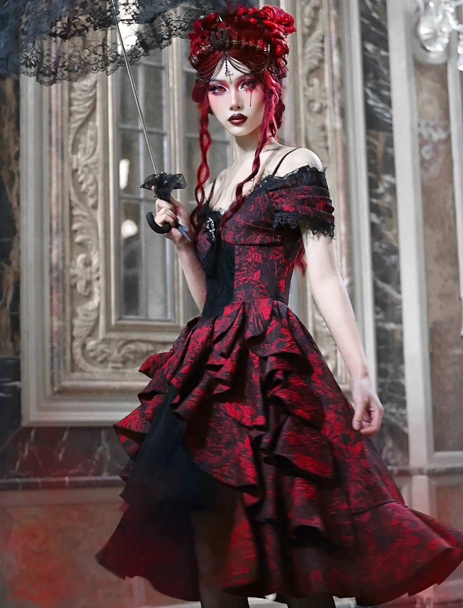 Blood Supply Dark Gothic Dream Red Princess Queen Lace Brooch Black Jacquard Off Shoulder Layered Dress