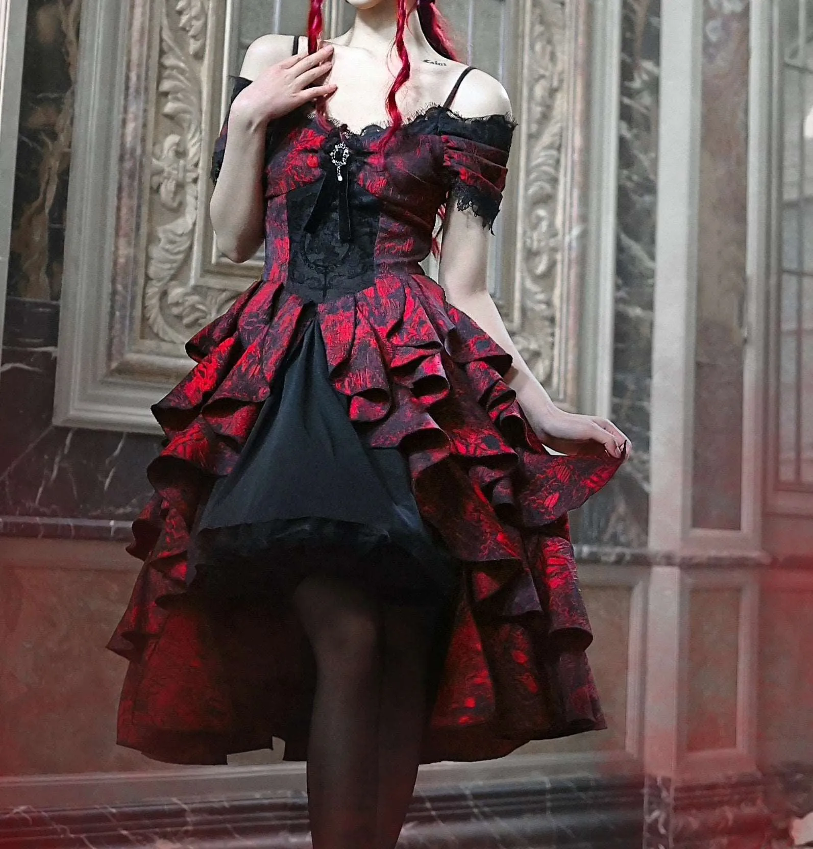 Blood Supply Dark Gothic Dream Red Princess Queen Lace Brooch Black Jacquard Off Shoulder Layered Dress