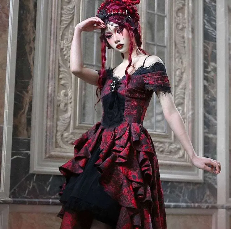 Blood Supply Dark Gothic Dream Red Princess Queen Lace Brooch Black Jacquard Off Shoulder Layered Dress