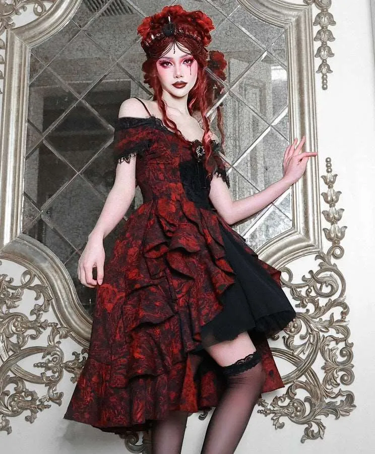 Blood Supply Dark Gothic Dream Red Princess Queen Lace Brooch Black Jacquard Off Shoulder Layered Dress