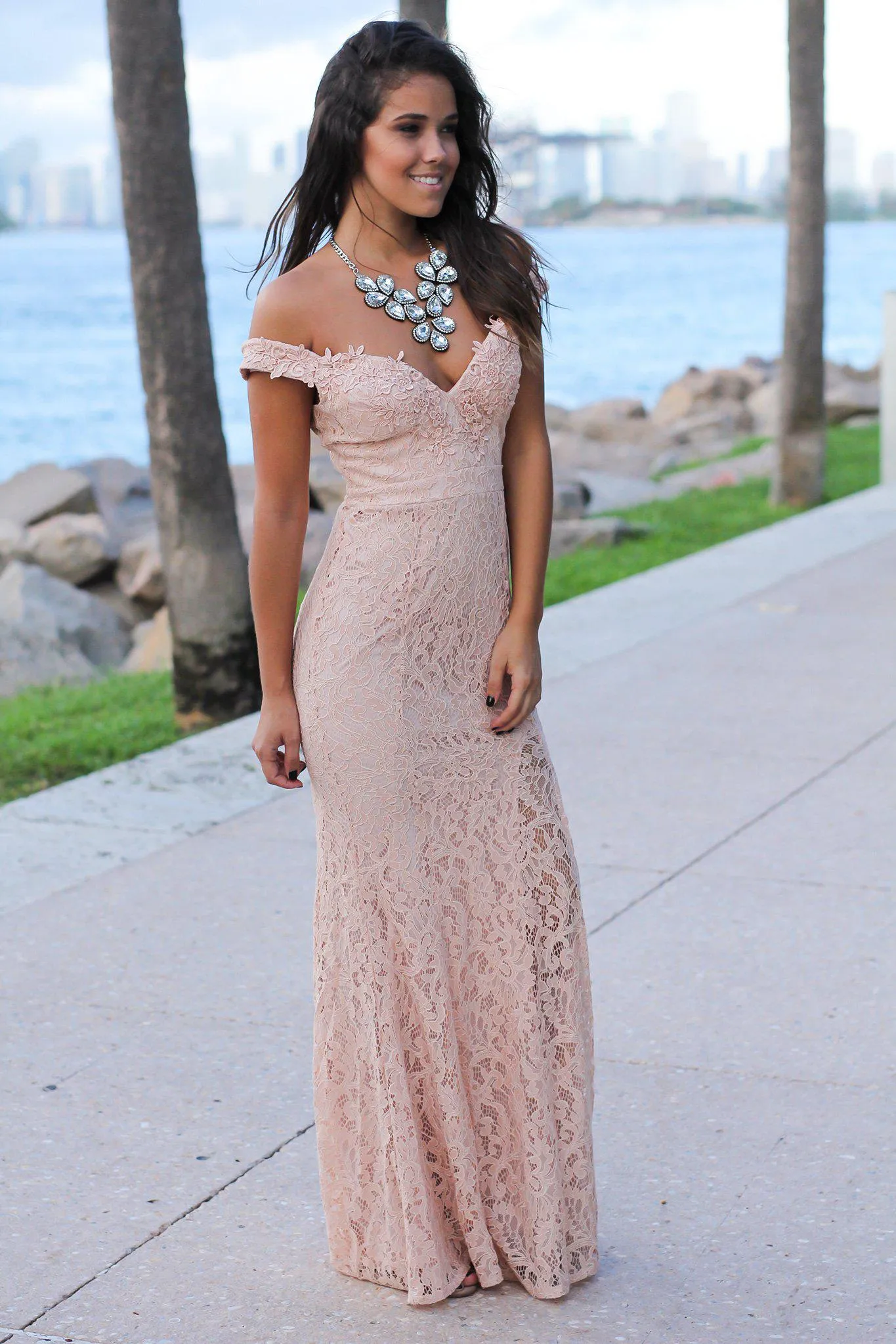 Blush Lace Off Shoulder Maxi Dress