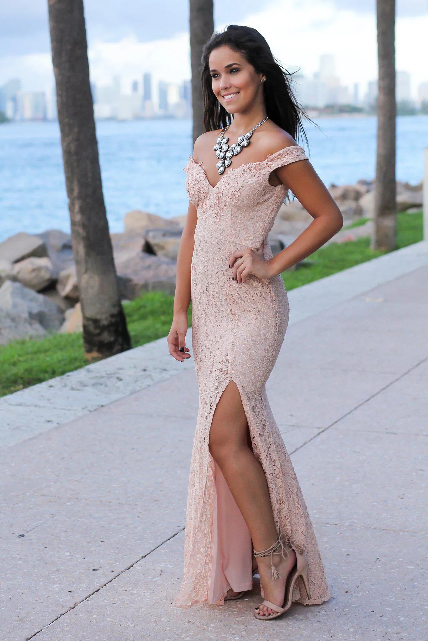 Blush Lace Off Shoulder Maxi Dress