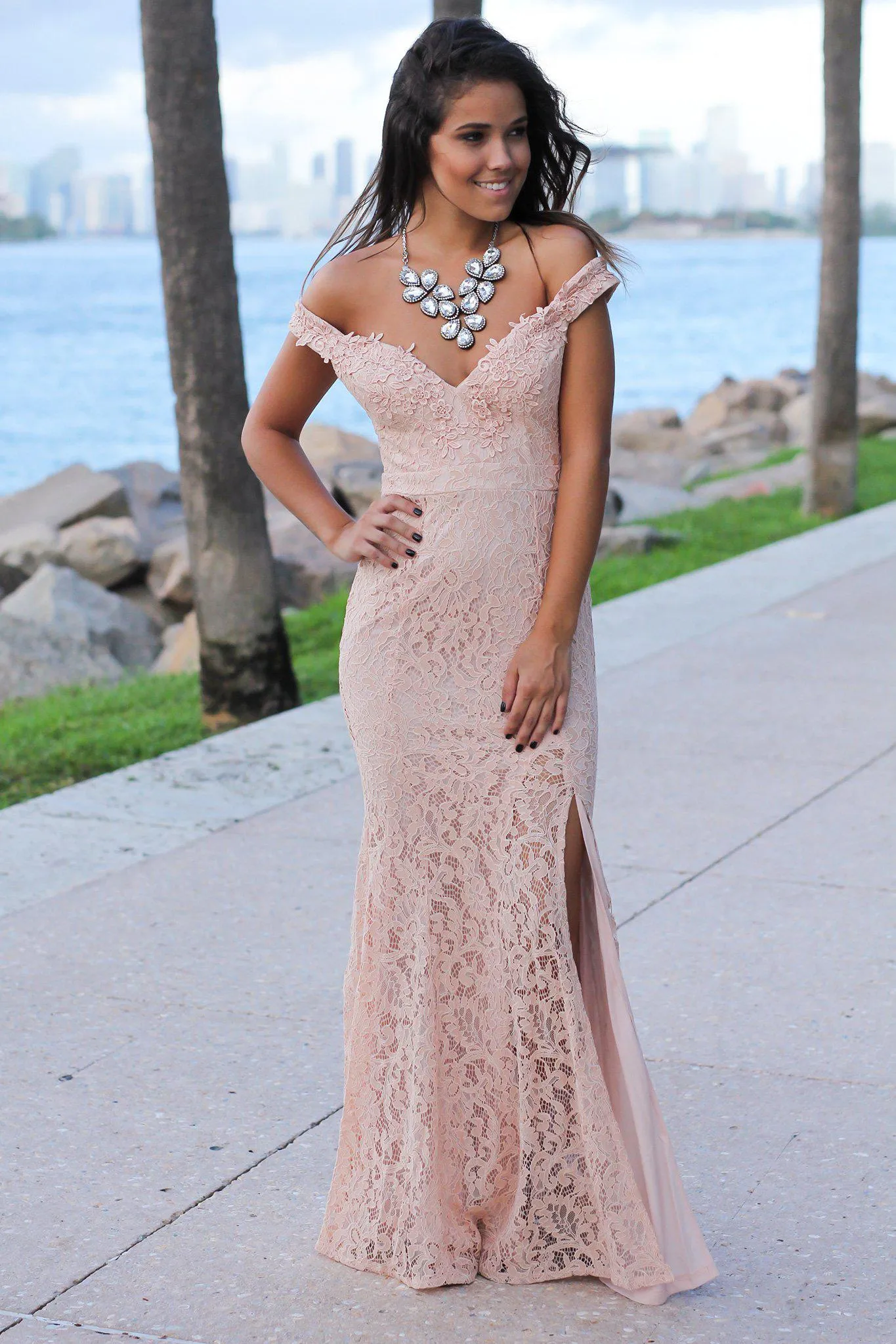 Blush Lace Off Shoulder Maxi Dress