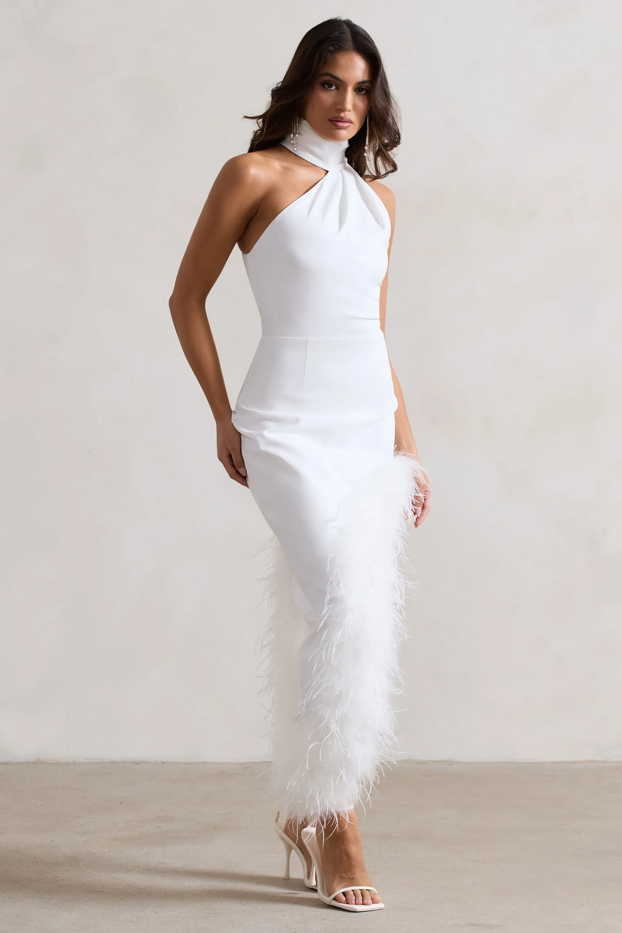 Brilliance | White Asymmetric Maxi Dress With Feather Trim