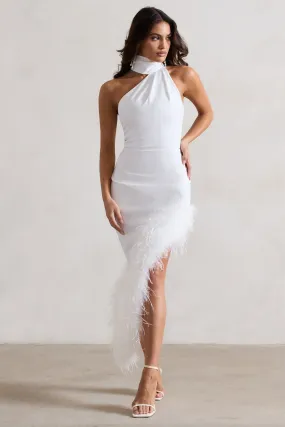 Brilliance | White Asymmetric Maxi Dress With Feather Trim