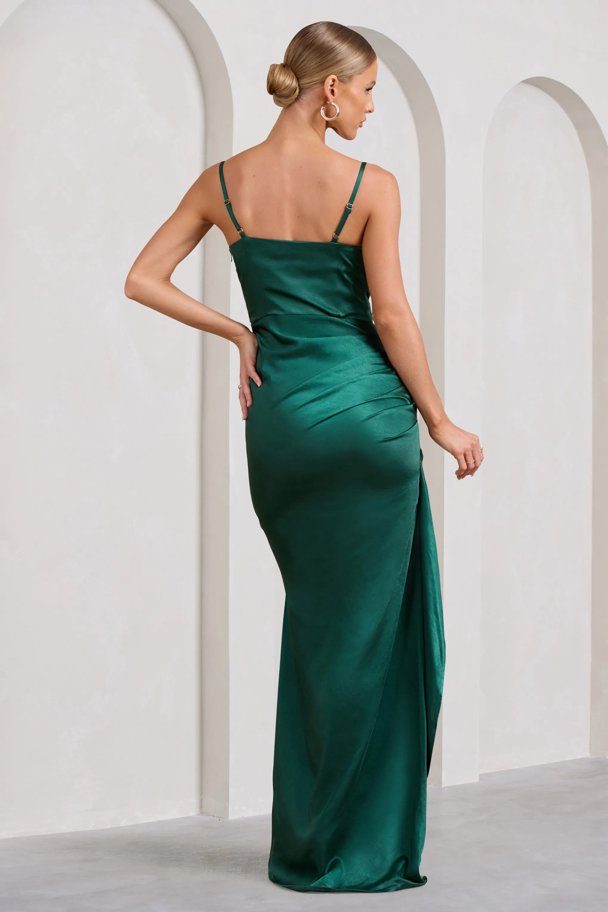 Buckingham | Bottle Green Satin Pleated Split Maxi Dress