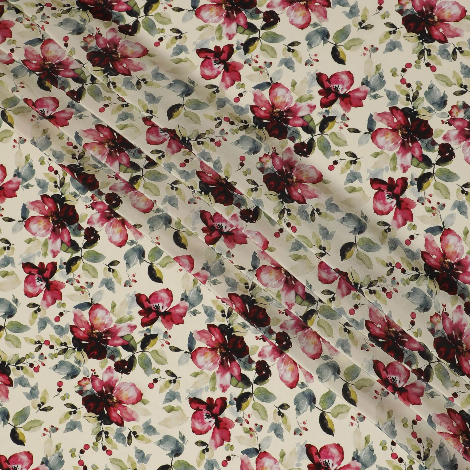 Classic Crimson Garden Viscose Fabric, 110 cm Width - Vintage Red Floral on Cream-D18732