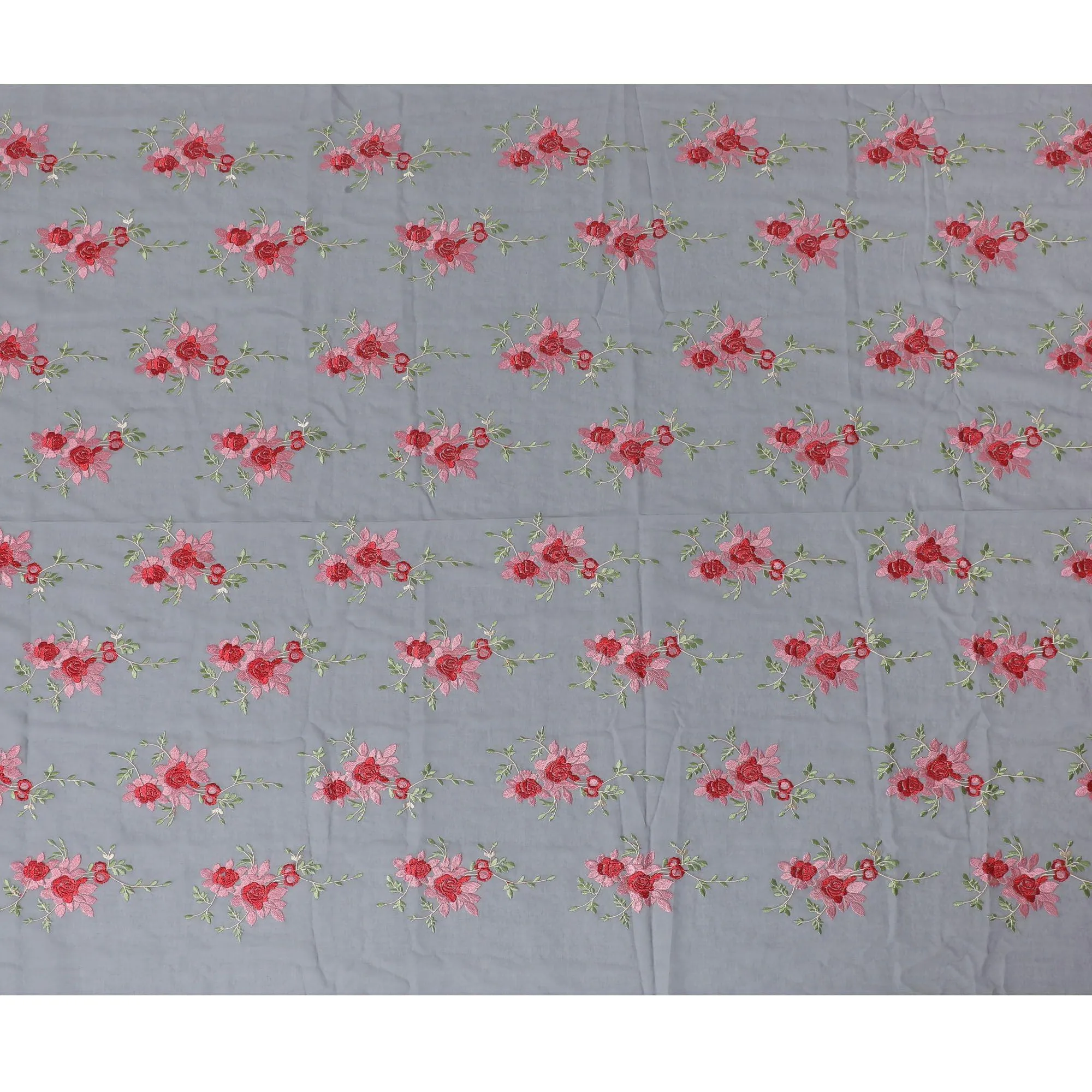 Coin grey Premium pure cotton voile fabric with peach, crimson red and beige embroidery in floral design-D15240