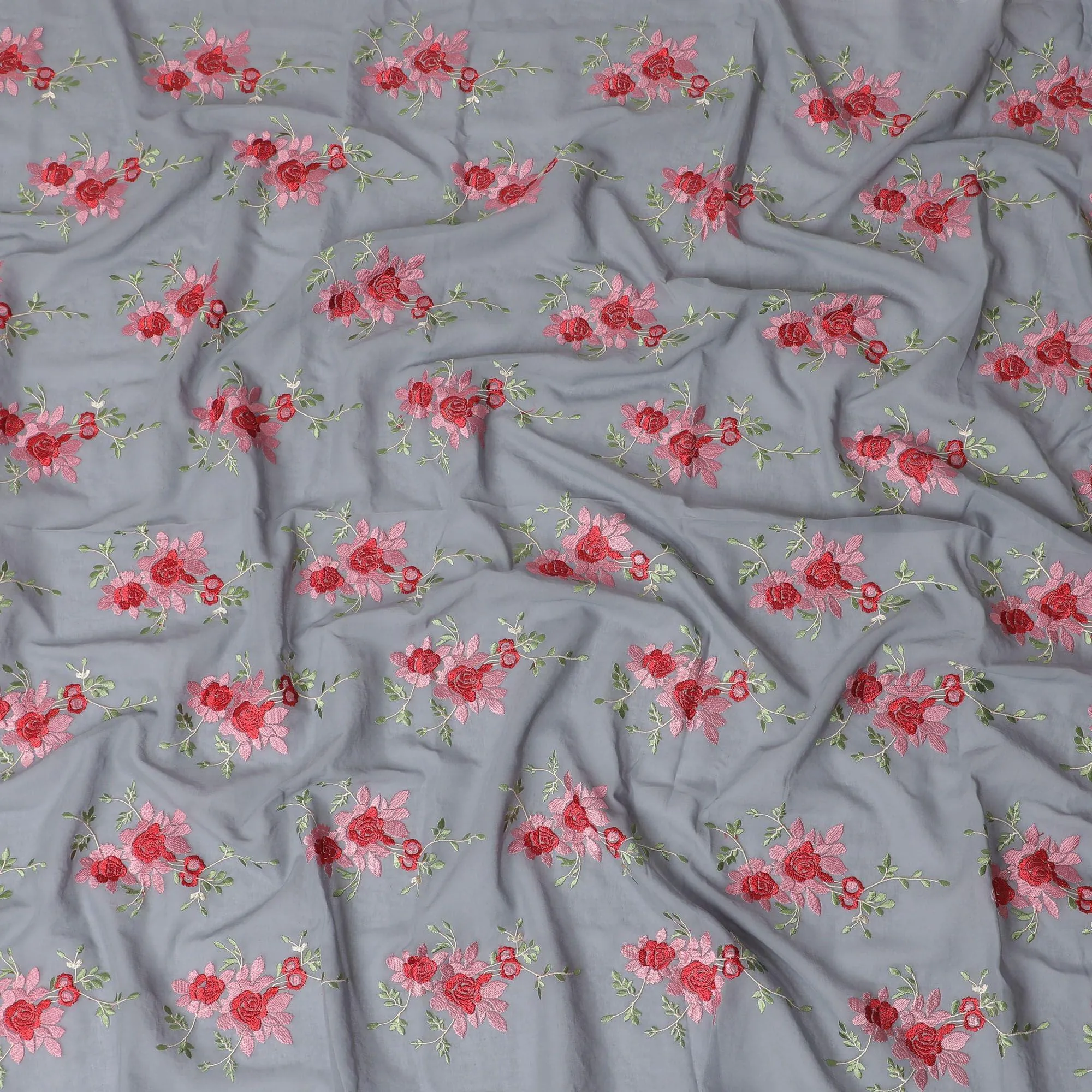 Coin grey Premium pure cotton voile fabric with peach, crimson red and beige embroidery in floral design-D15240