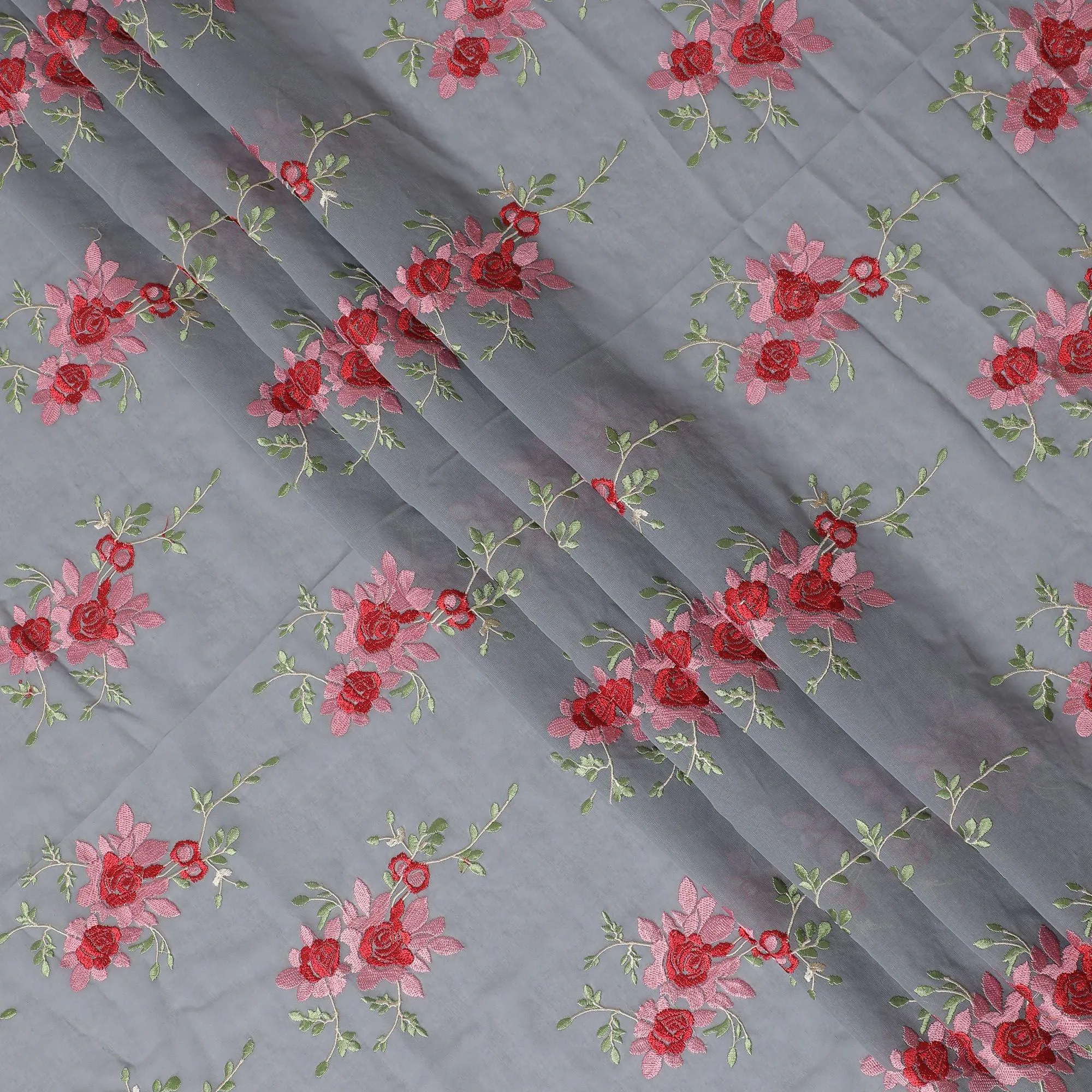 Coin grey Premium pure cotton voile fabric with peach, crimson red and beige embroidery in floral design-D15240