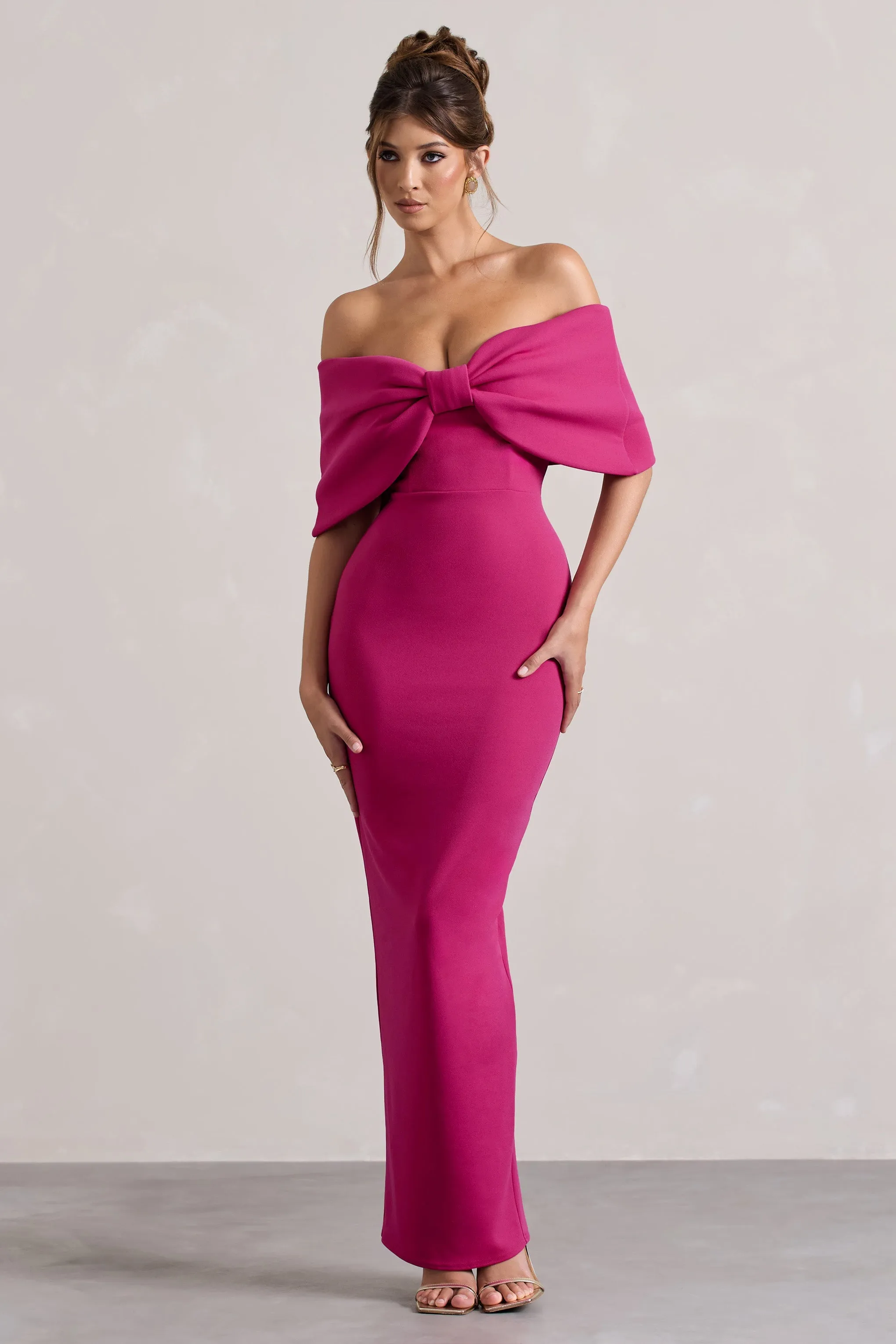 Cornelia | Hot Pink Strapless Maxi Dress With Oversized Bow