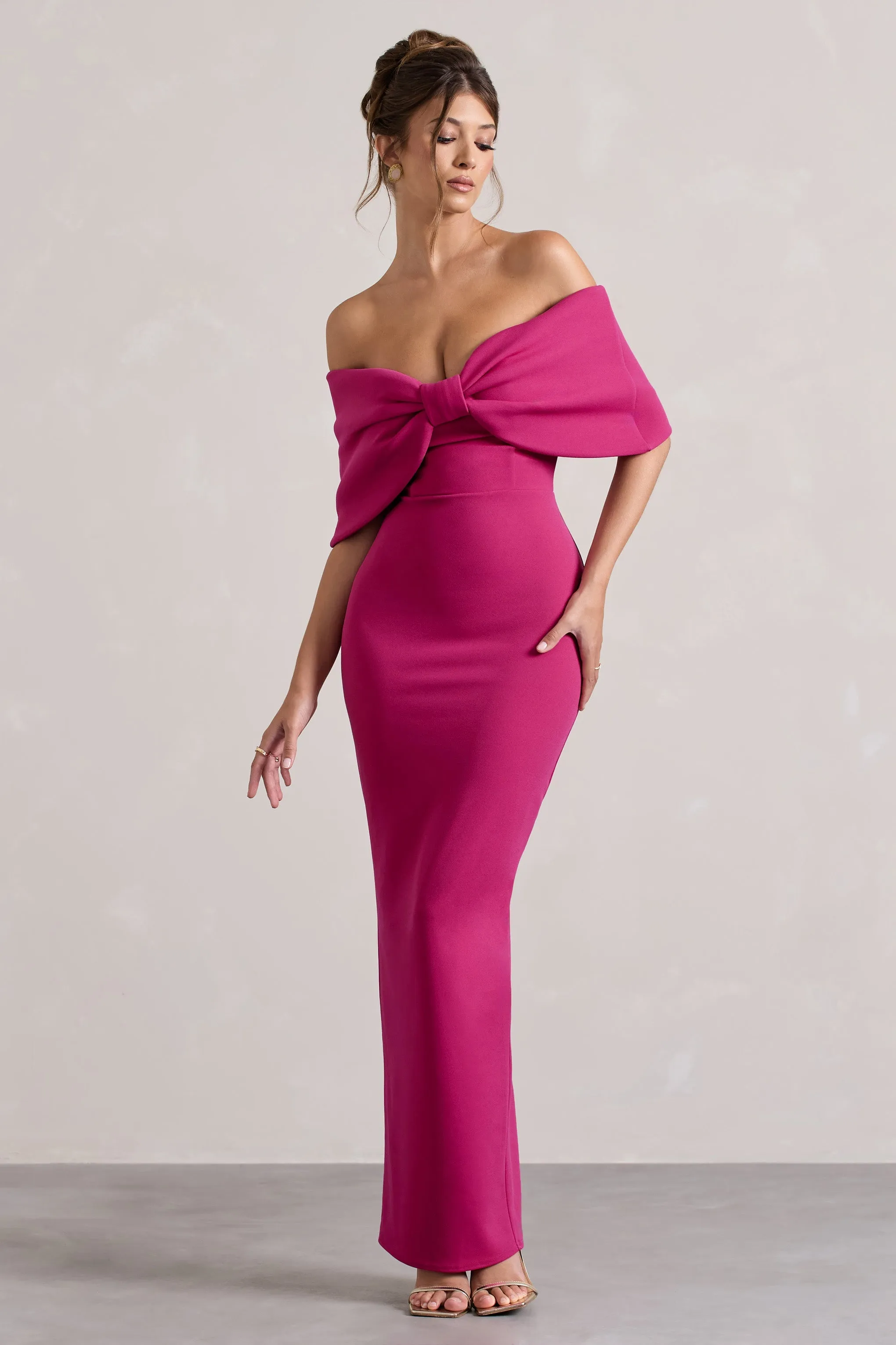 Cornelia | Hot Pink Strapless Maxi Dress With Oversized Bow