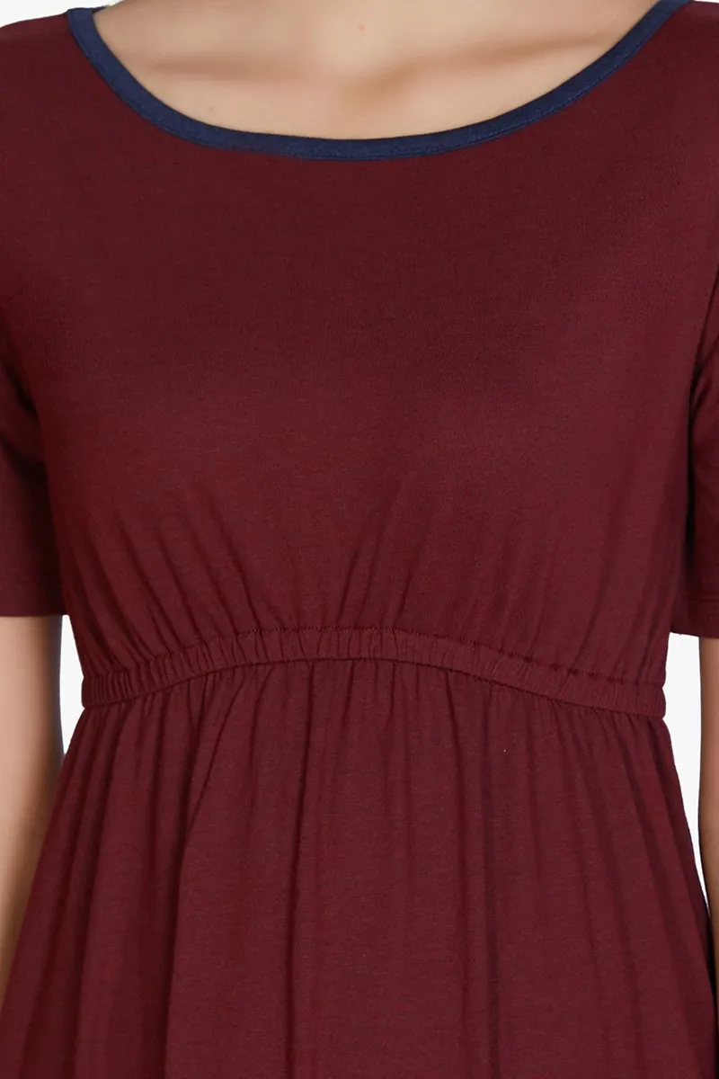 Cotton Blend Chemise Dress - Maroon