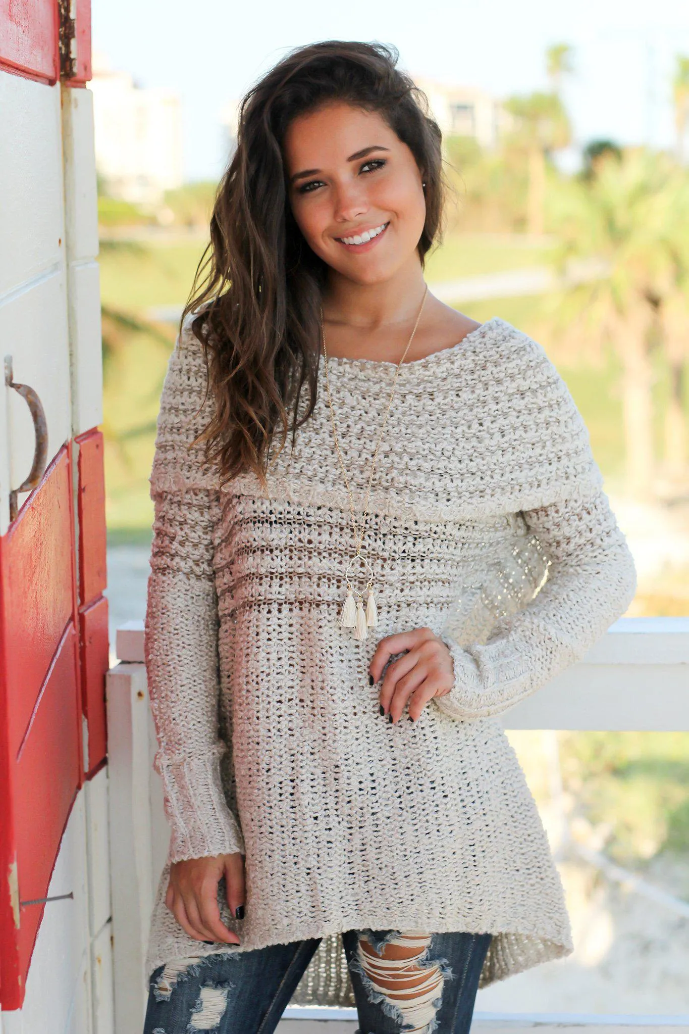 Cream Off Shoulder Knit Tunic